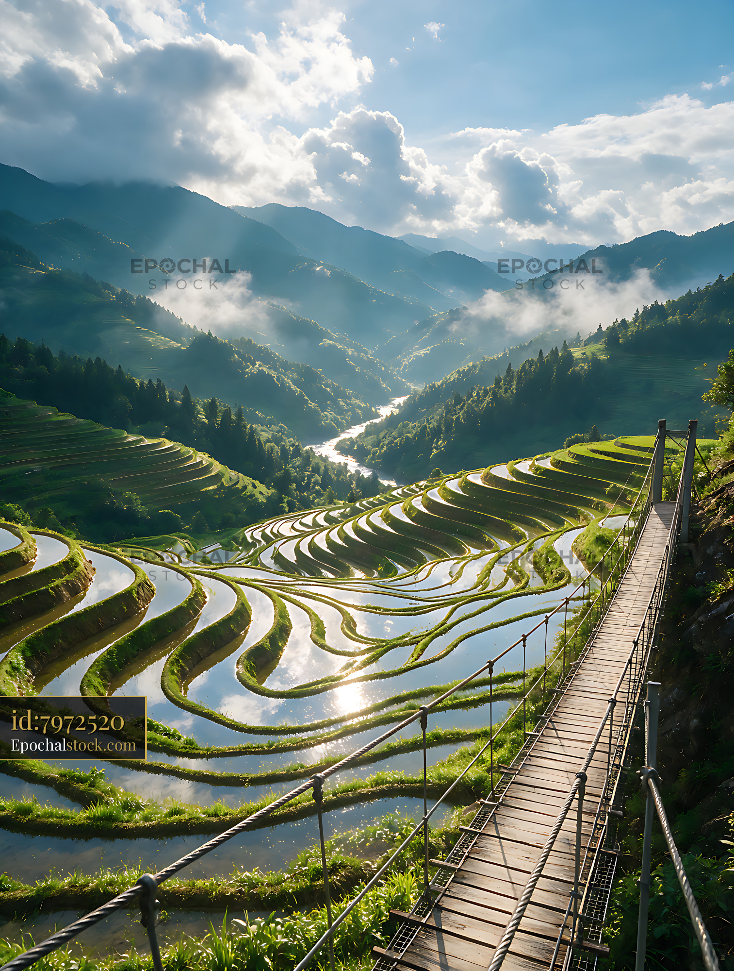 Watermarked full-resolution preview of Mountain valley with reflective rice terraces and bridge