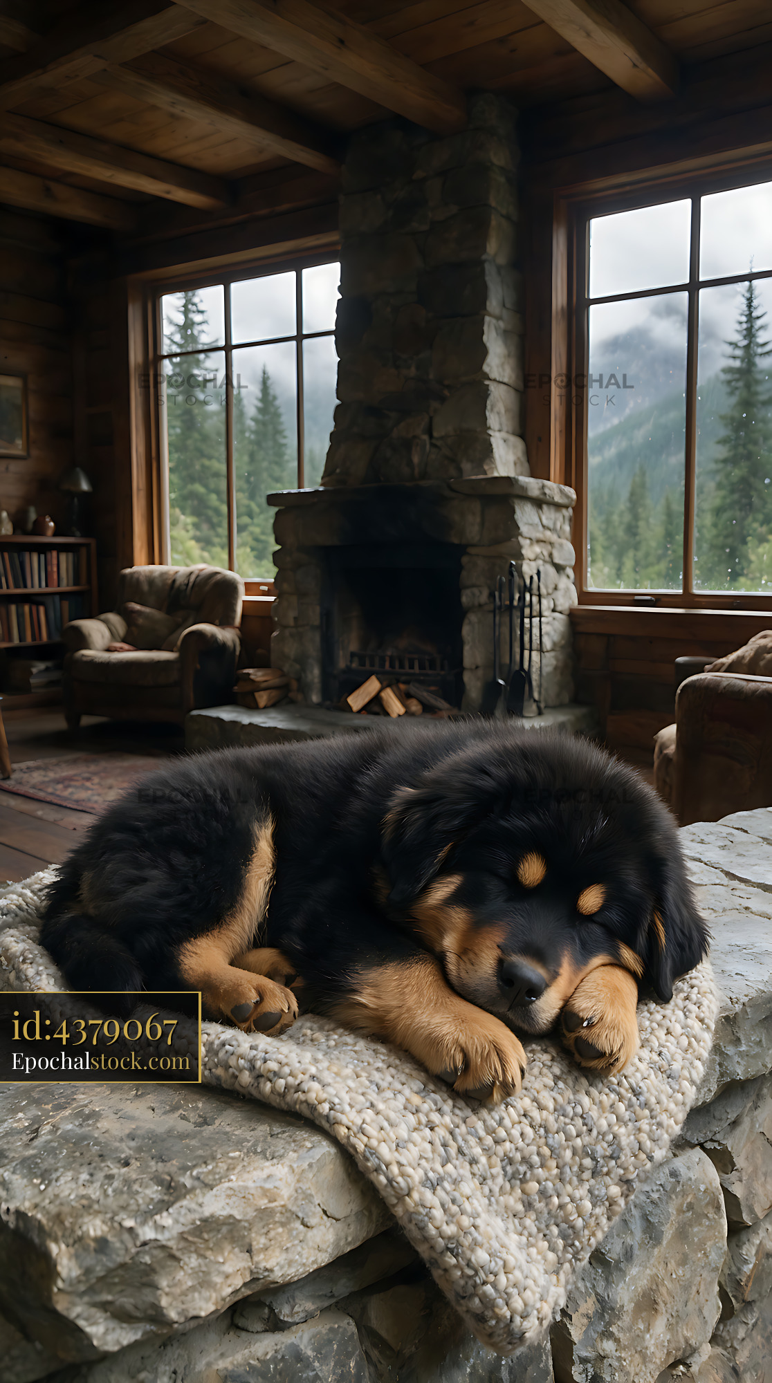 Watermarked full-resolution preview of Black and tan puppy sleeping in a rustic cabin
