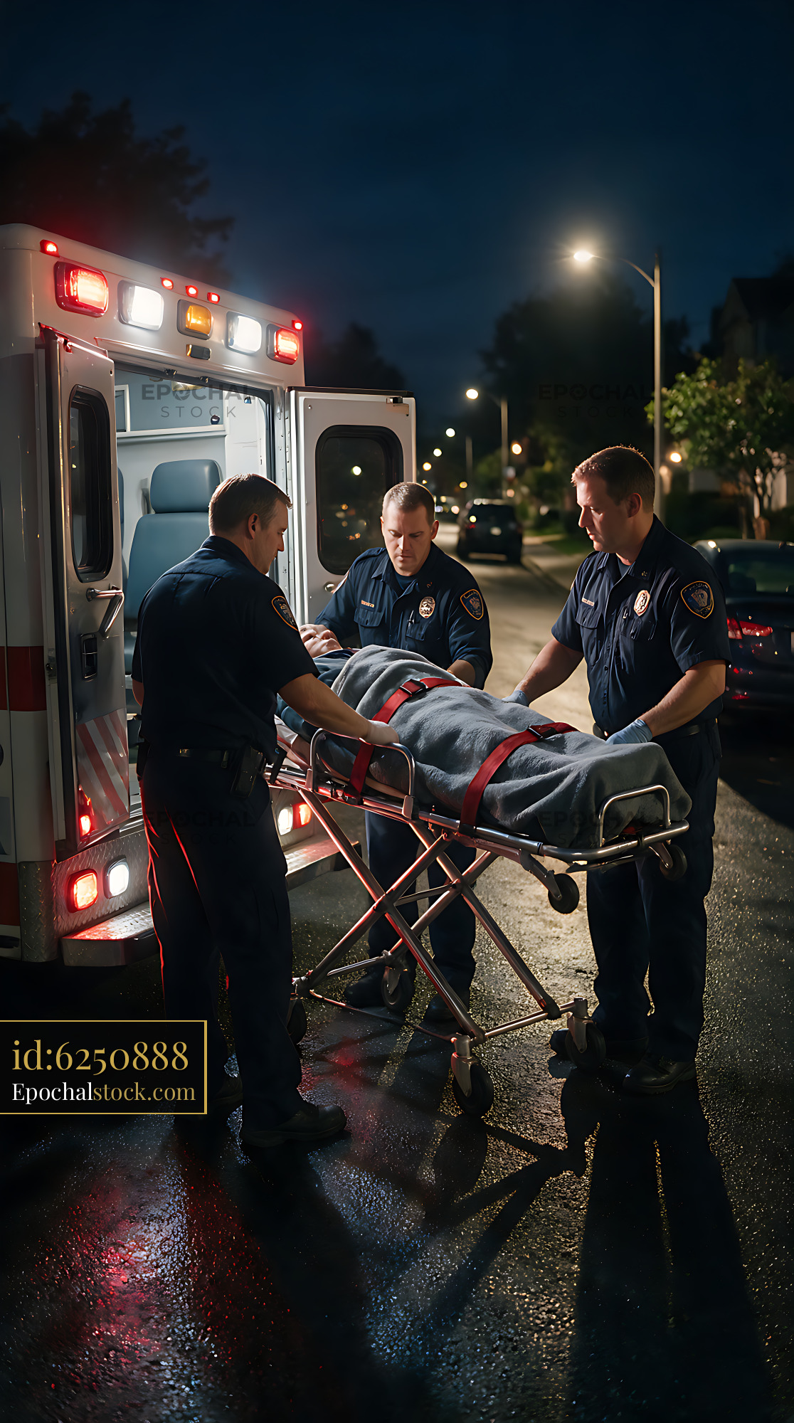 Watermarked full-resolution preview of Paramedics loading a stretcher into an ambulance at night