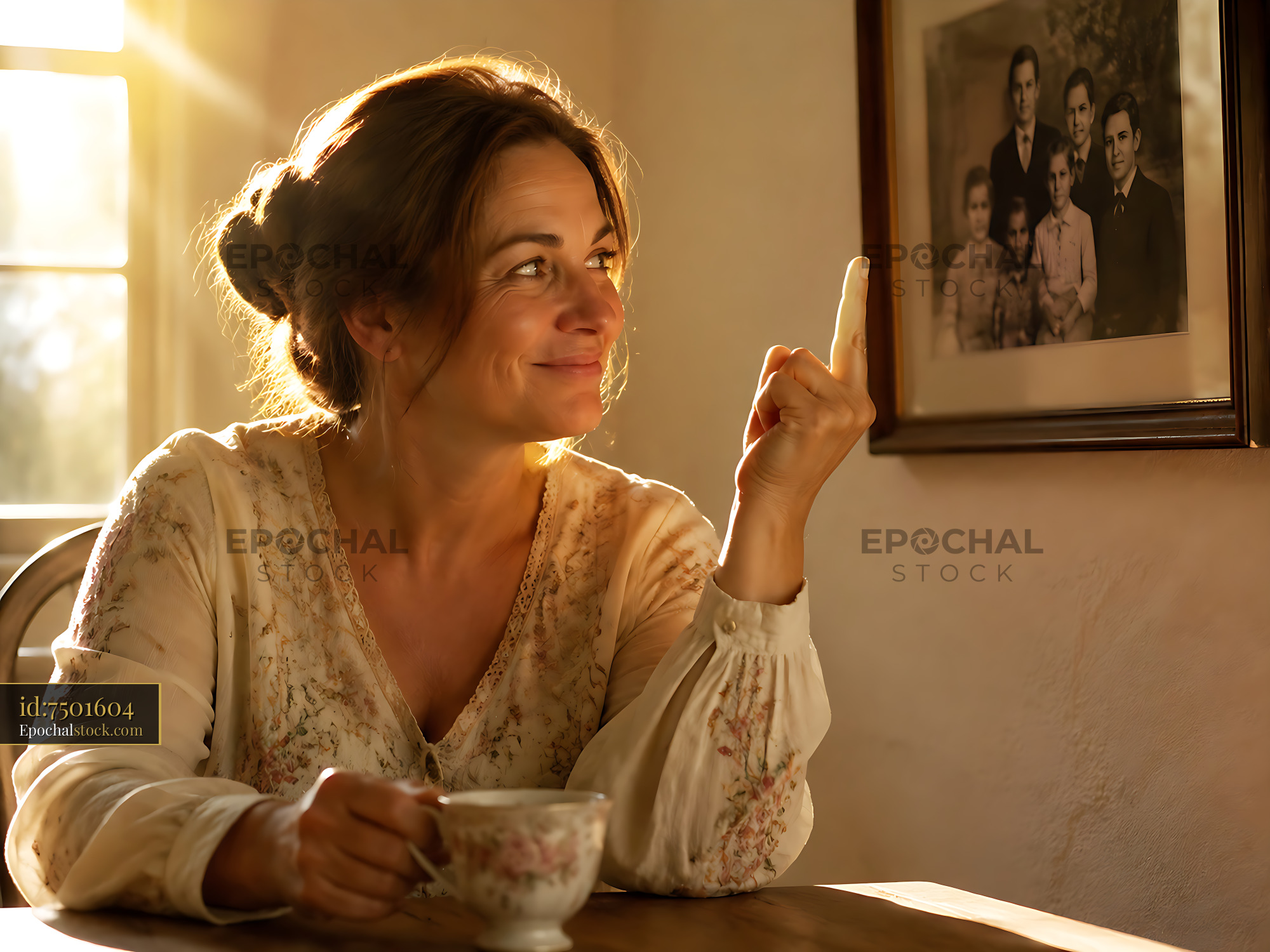 Watermarked full-resolution preview of Woman enjoying tea while reflecting in warm light