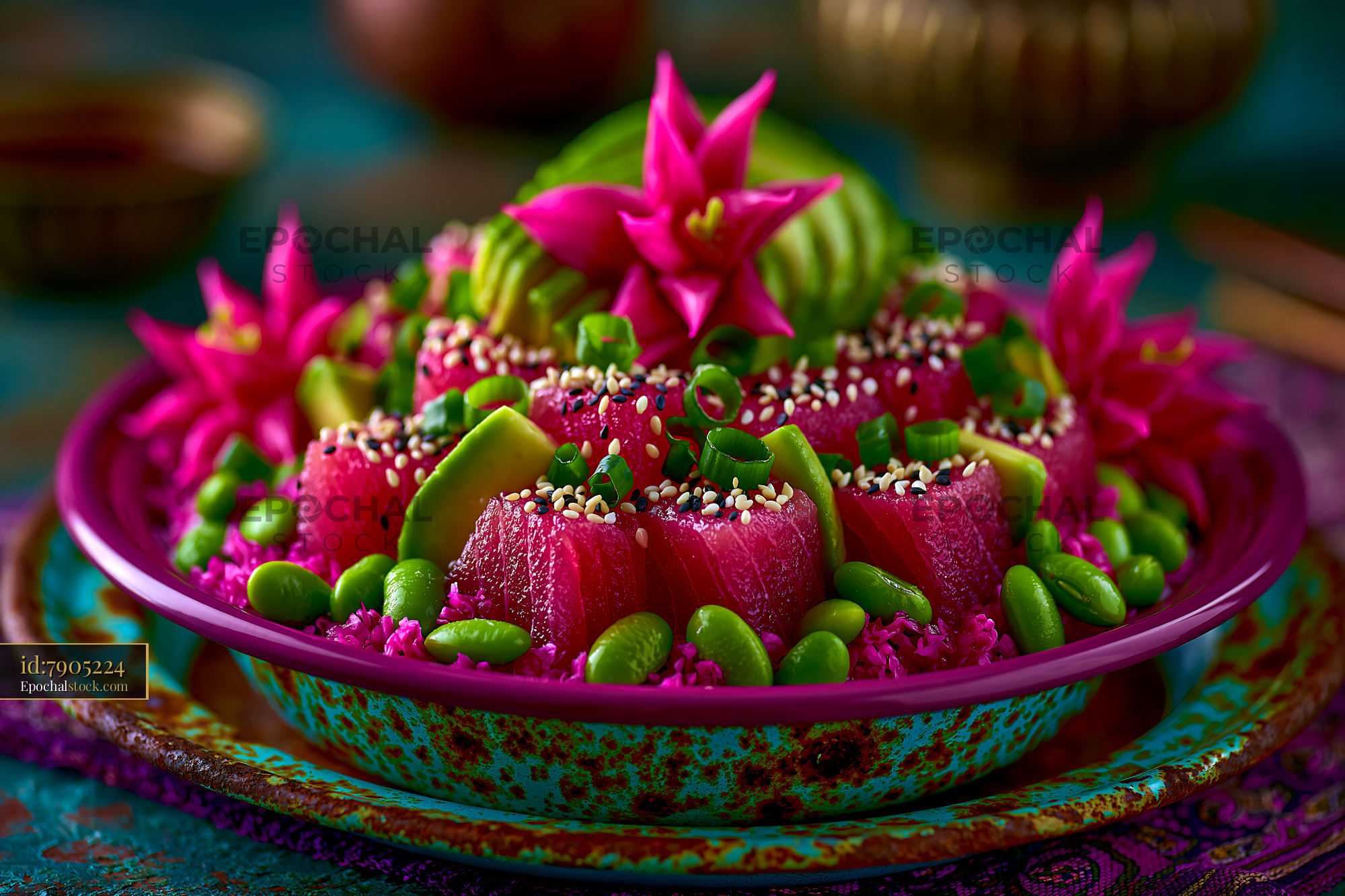 Watermarked full-resolution preview of Colorful salad with fruits and vegetables on a decorated plate