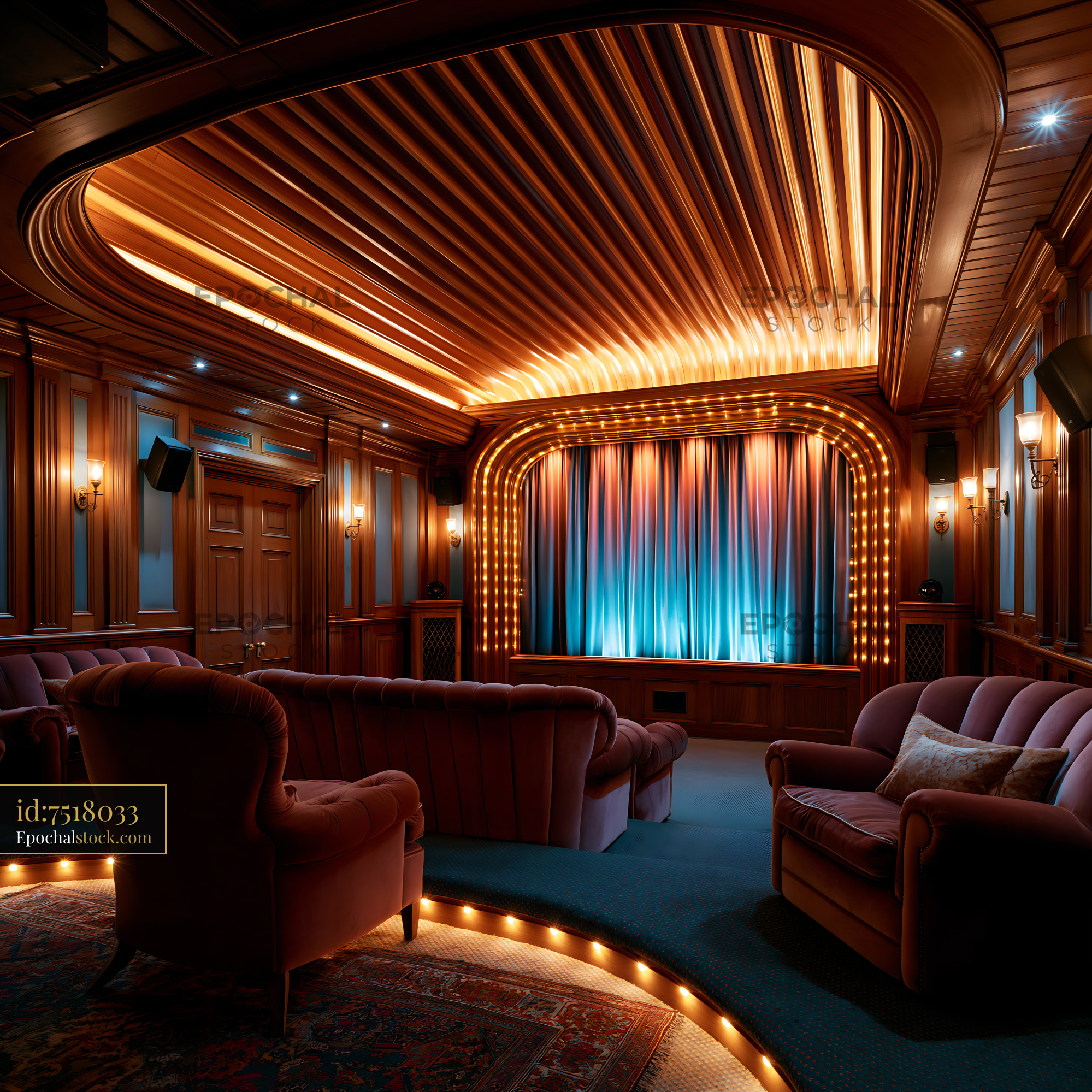 Watermarked full-resolution preview of Cozy home theater with plush seating and warm lighting