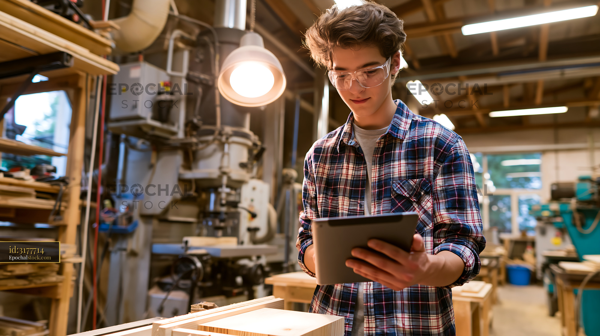Watermarked full-resolution preview of Young carpenter using tablet in a woodworking shop