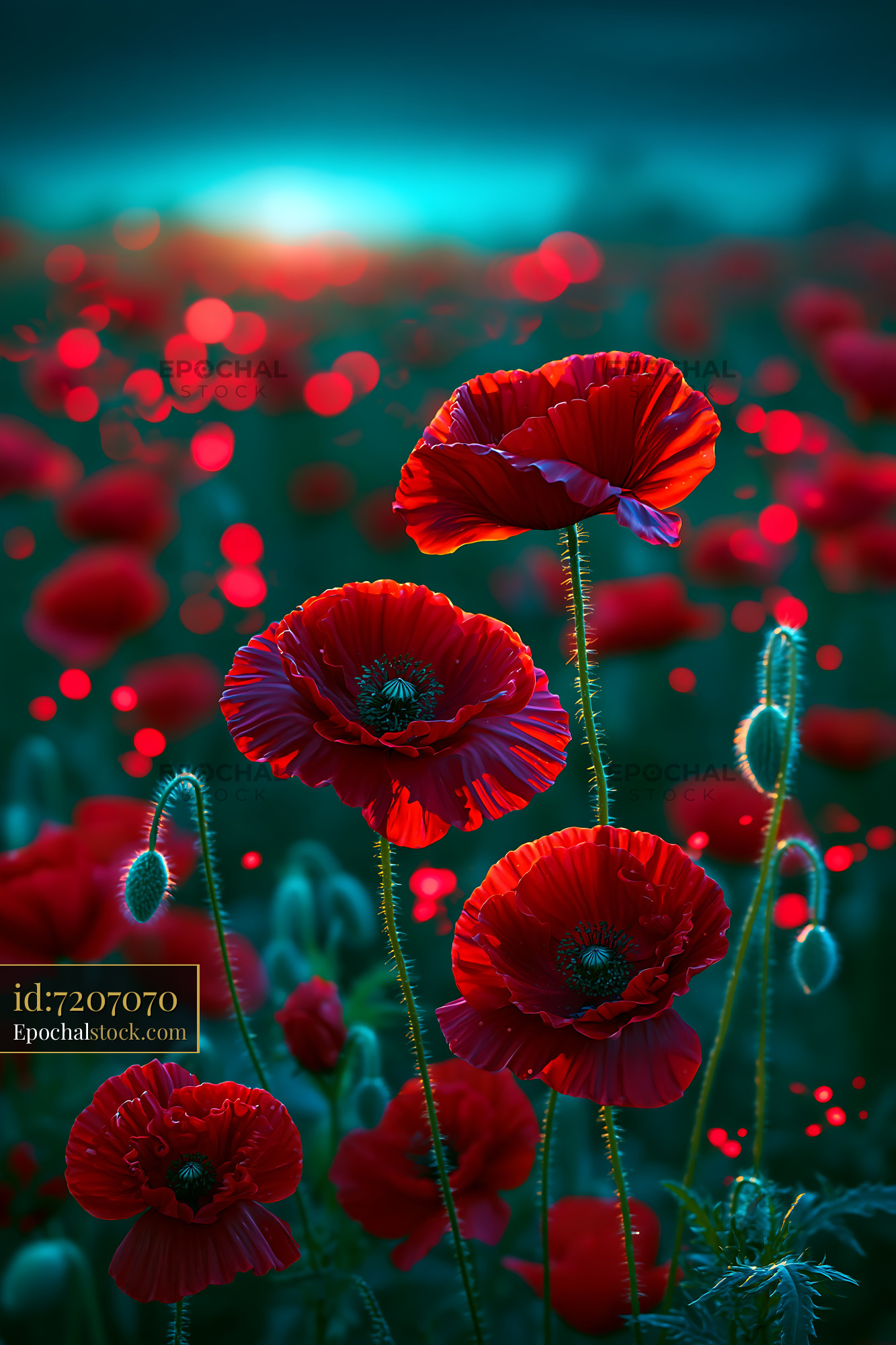 Watermarked full-resolution preview of Poppy flowers bloom in a field during sunset