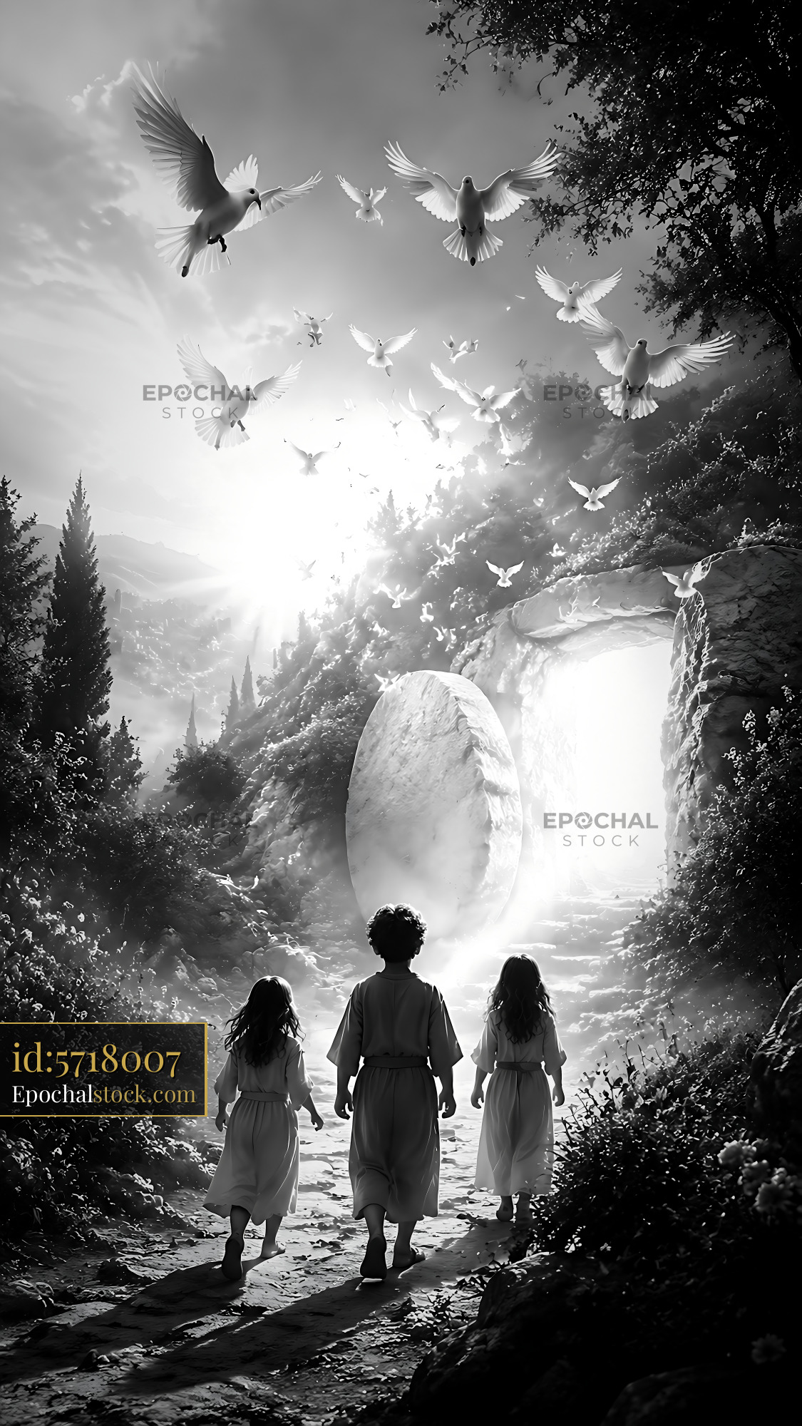 Watermarked full-resolution preview of Children walking towards light through a stone pathway