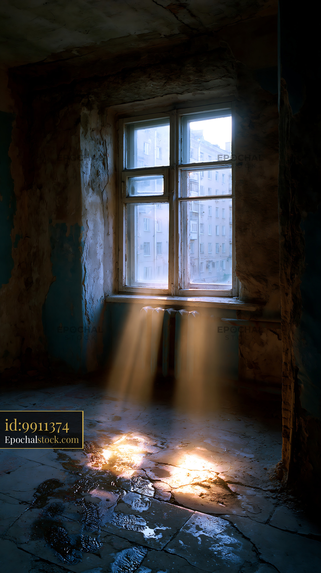 Watermarked full-resolution preview of Light beams shine through window in abandoned building