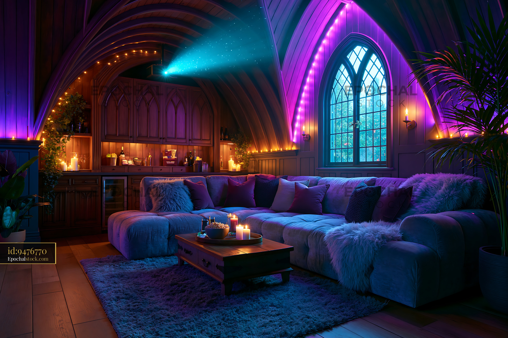 Watermarked full-resolution preview of Cozy living space with colorful lighting in a modern setting