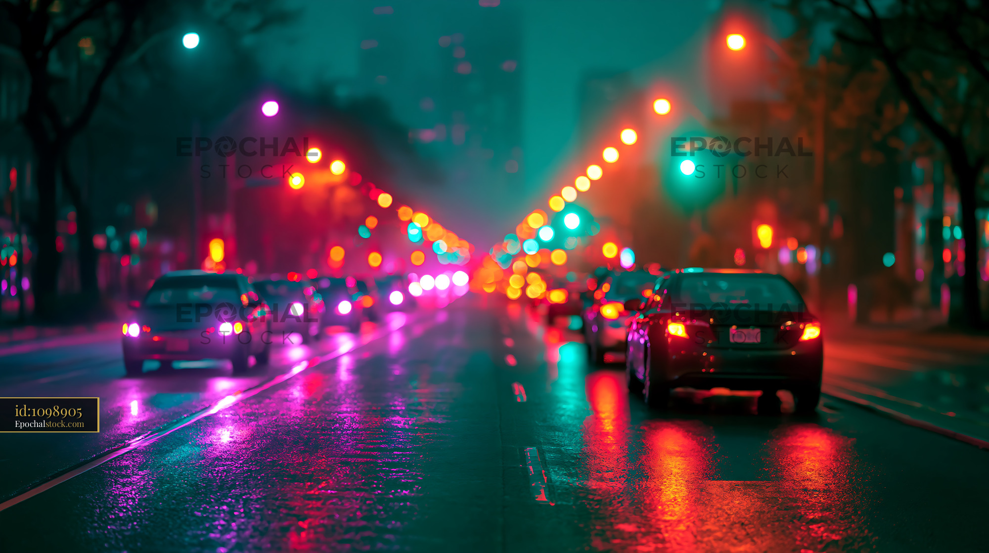 Watermarked full-resolution preview of Nighttime city street with car lights and reflections