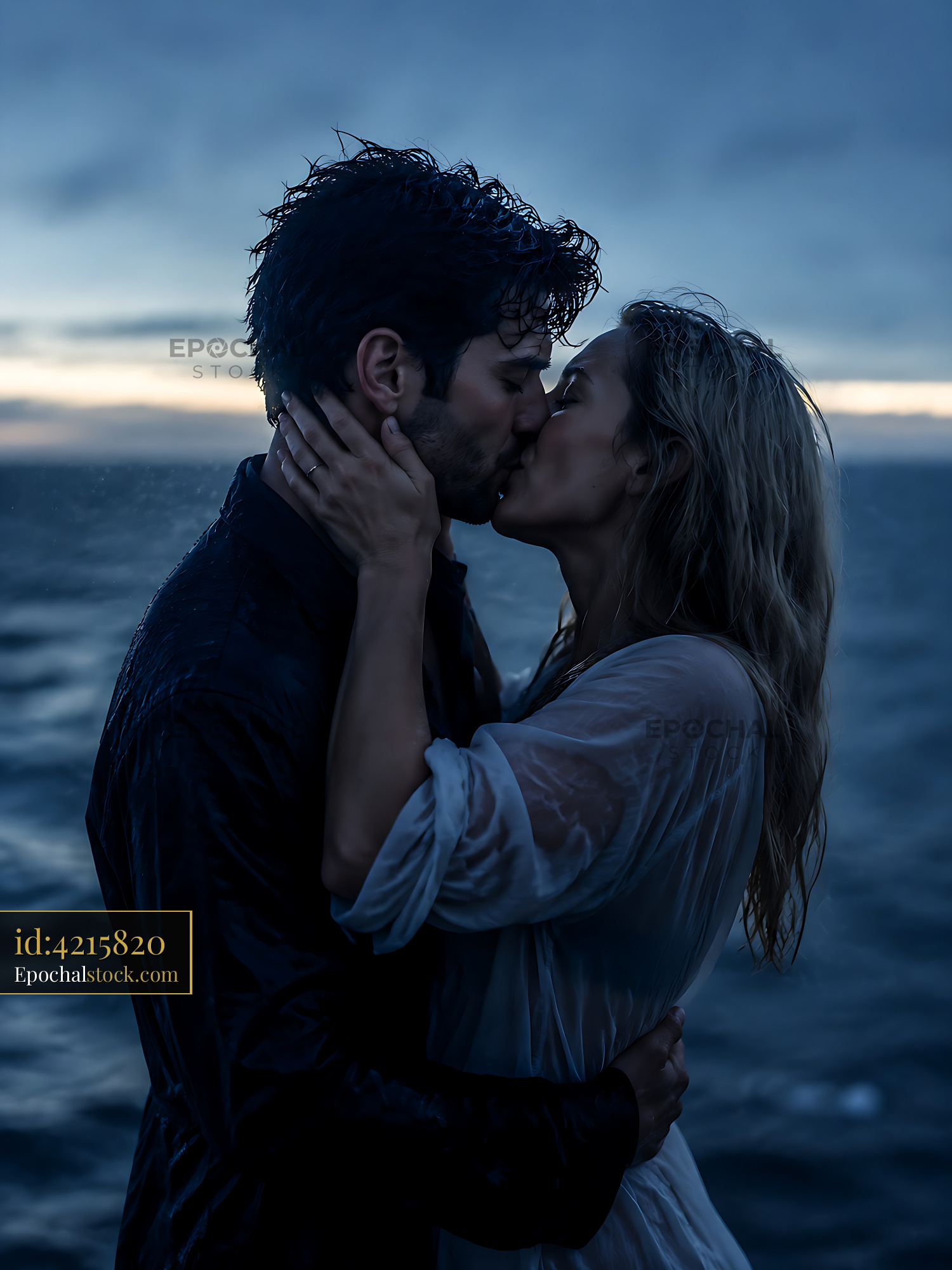 Watermarked full-resolution preview of Couple kisses on a shoreline during a stormy evening