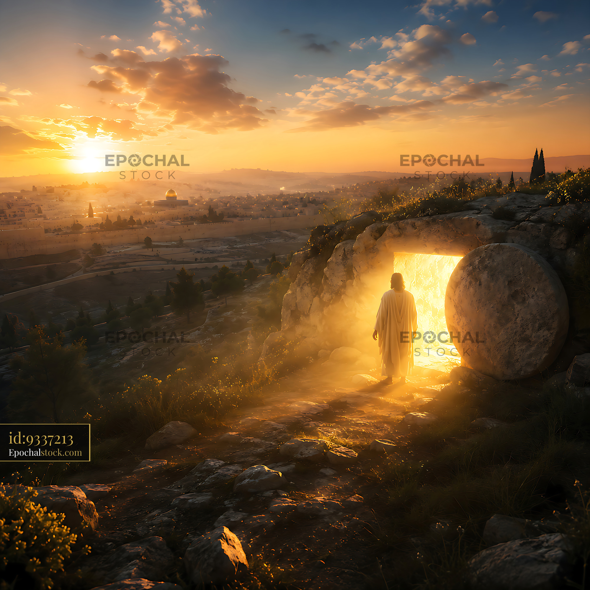 Watermarked full-resolution preview of Walking out of the tomb at sunrise in a historical landscape