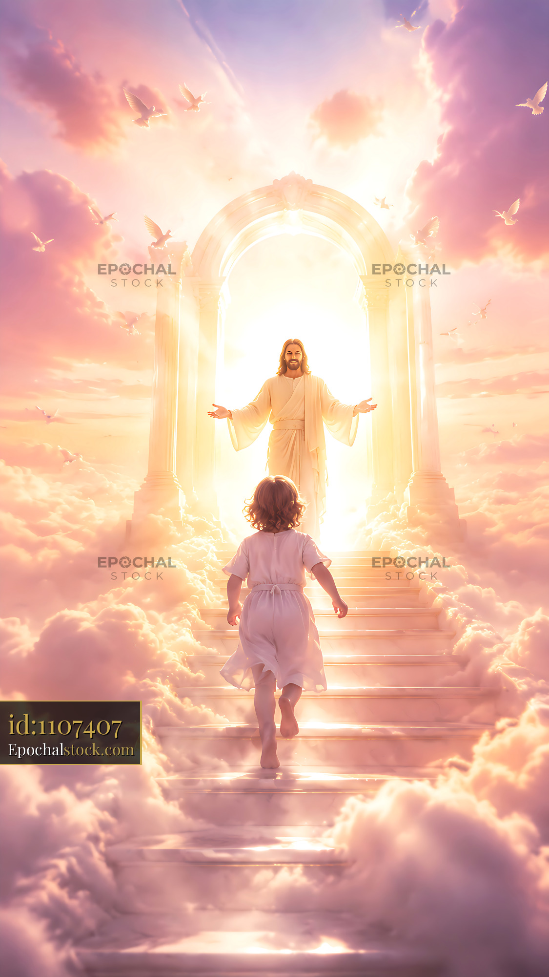 Watermarked full-resolution preview of Child walking towards figure in bright light on cloud staircase