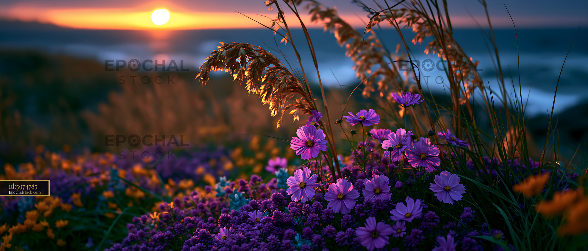 Watermarked full-resolution preview of Sunset over flowers with ocean view