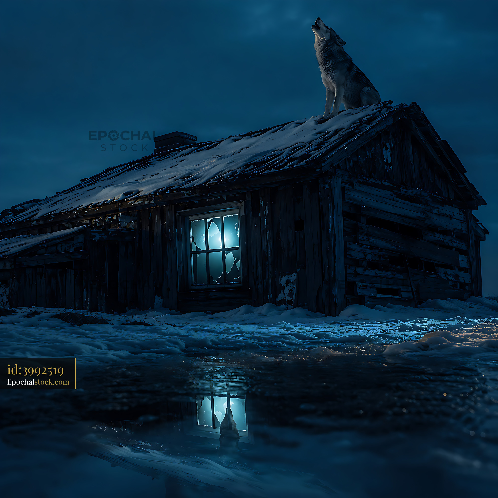 Watermarked full-resolution preview of Wolf howls at night outside an old cabin