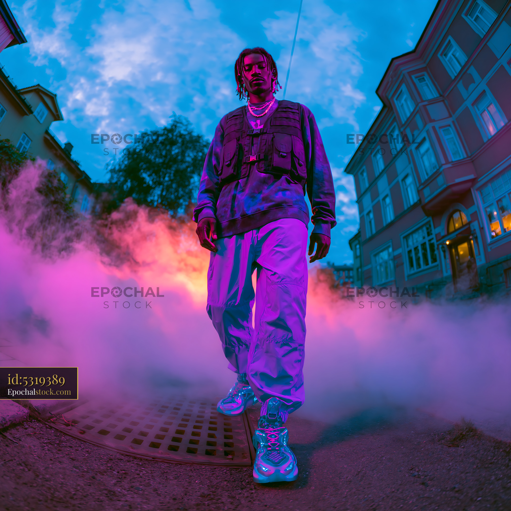 Watermarked full-resolution preview of Fashionable man standing in colorful smoke on city street