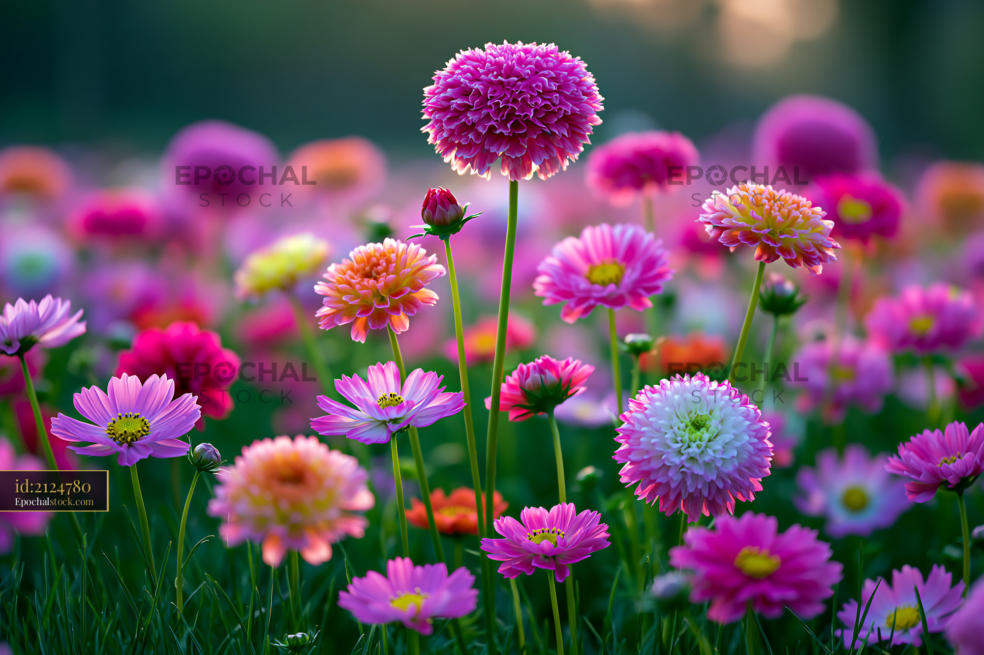 Watermarked full-resolution preview of Colorful flowers blooming in a garden during sunset