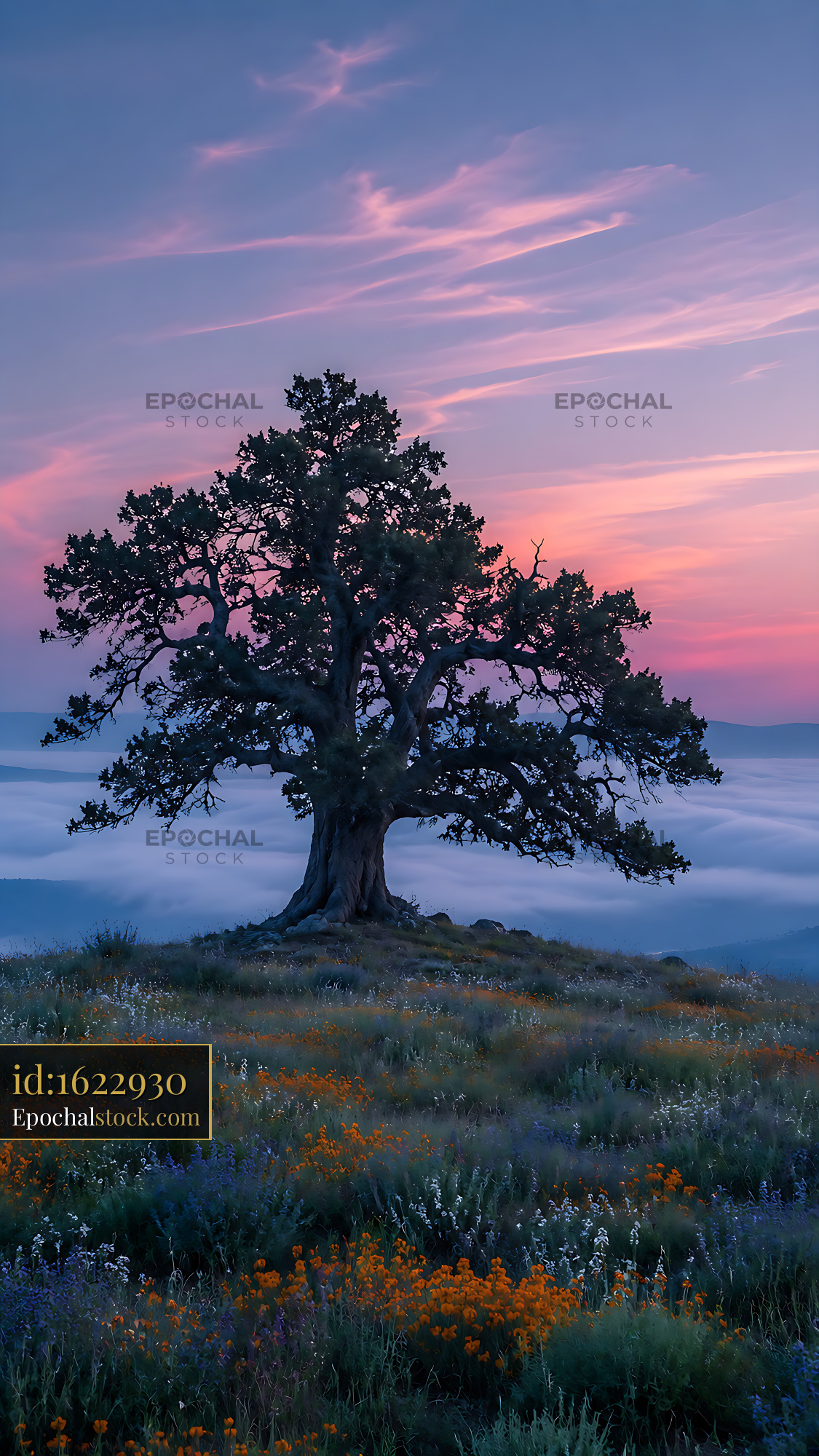 Watermarked full-resolution preview of Majestic tree on hillside during colorful sunset
