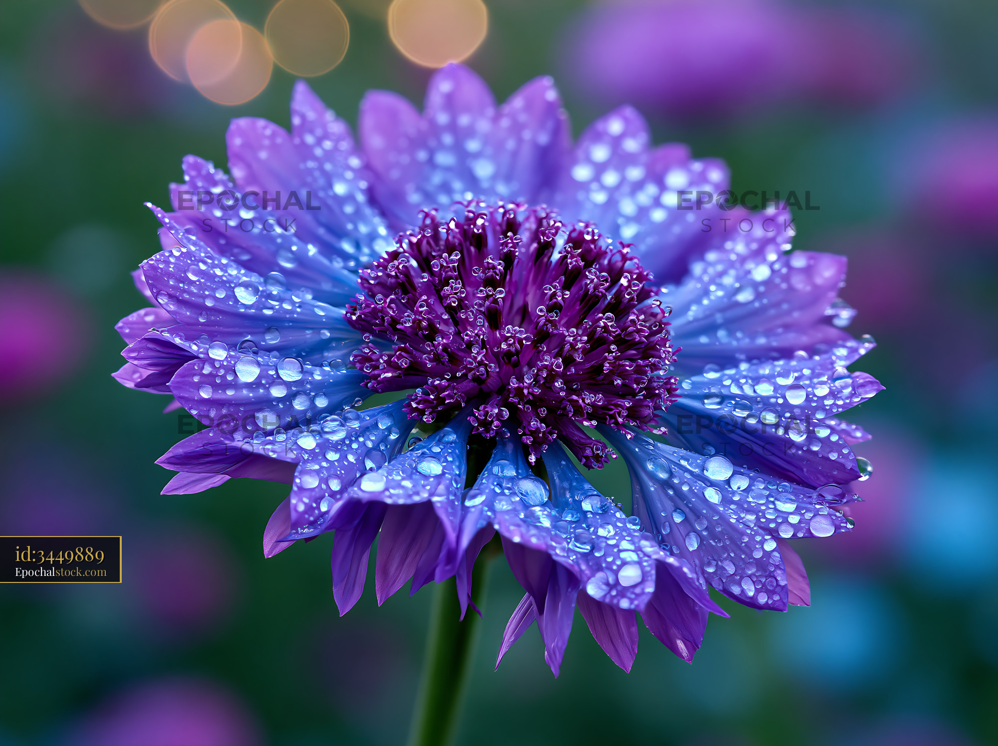 Watermarked full-resolution preview of Purple flower with dew drops in a garden setting