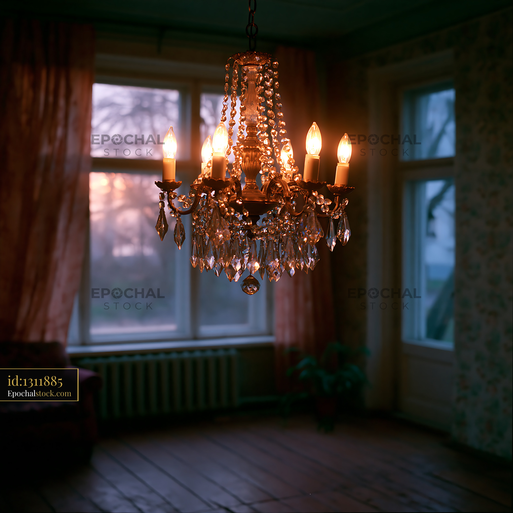 Watermarked full-resolution preview of Chandelier hanging in a dimly lit room with a sunset view
