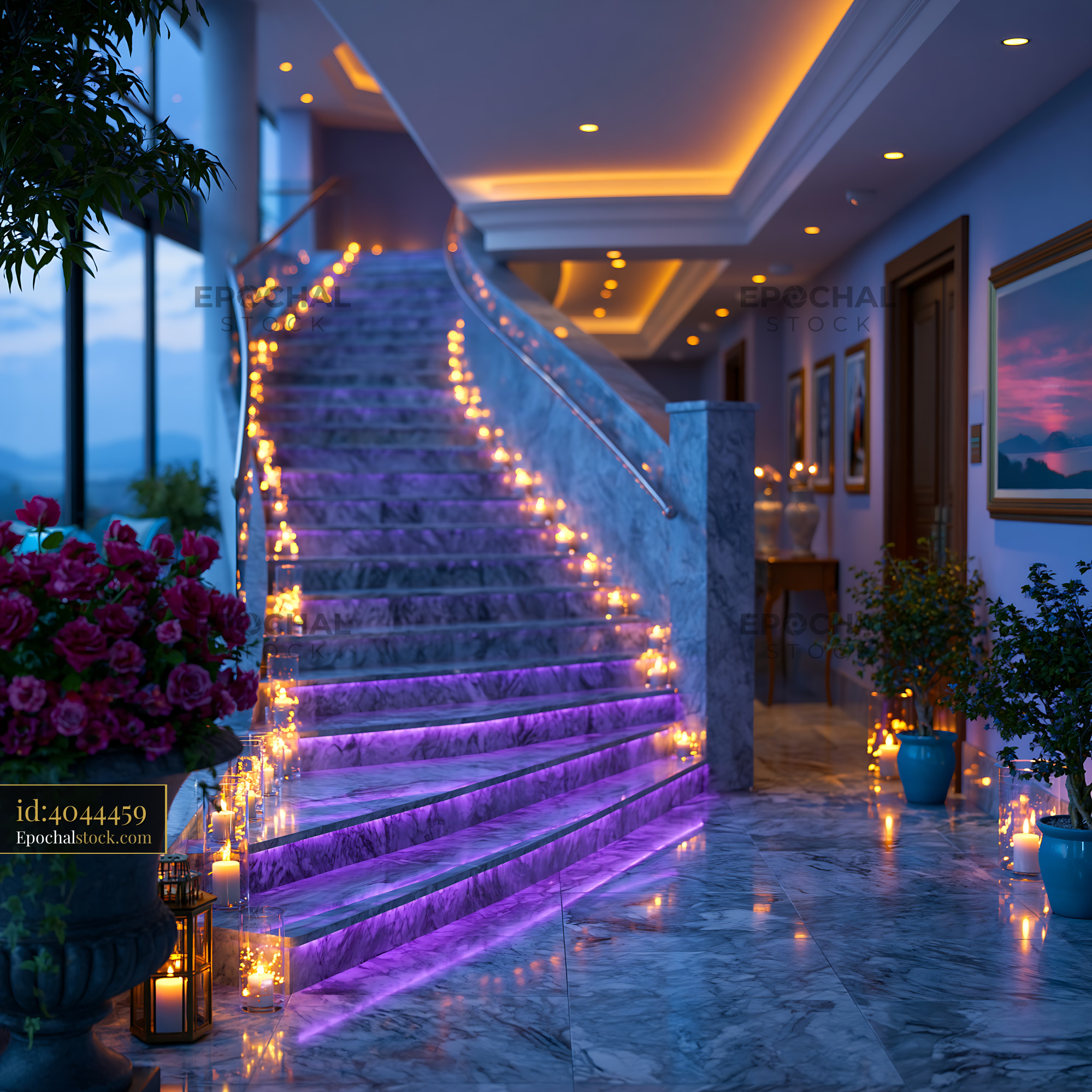Watermarked full-resolution preview of Stairs with purple lighting and candles in a modern building