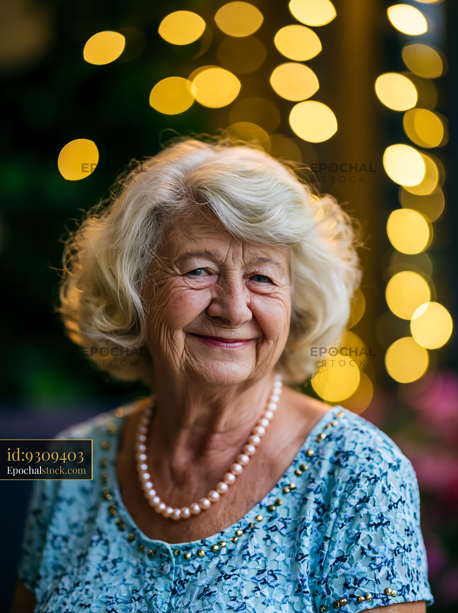 Watermarked full-resolution preview of Older woman smiling with lights in the background