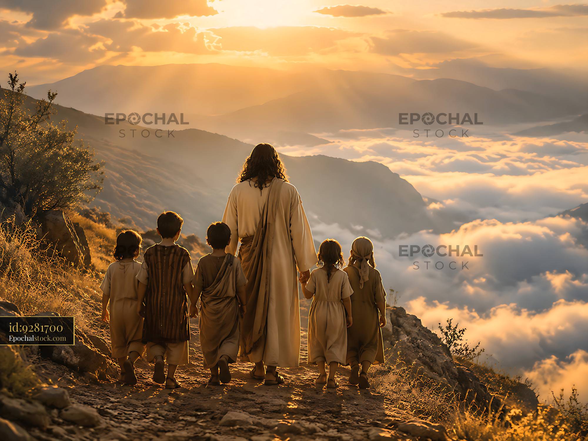 Watermarked full-resolution preview of Walking towards the sunset with children on a mountain path