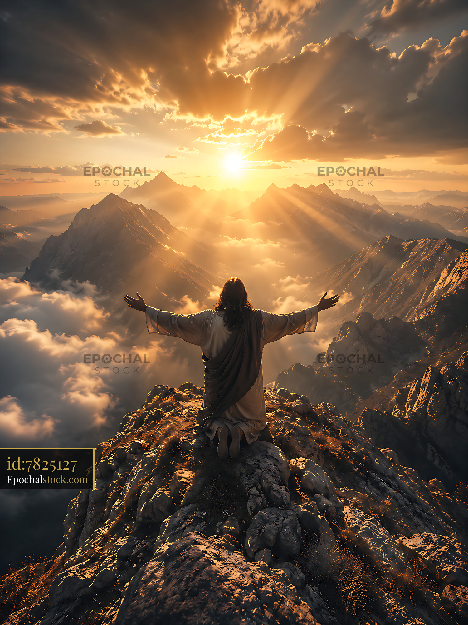 Watermarked full-resolution preview of Person stands on mountain peak during sunset