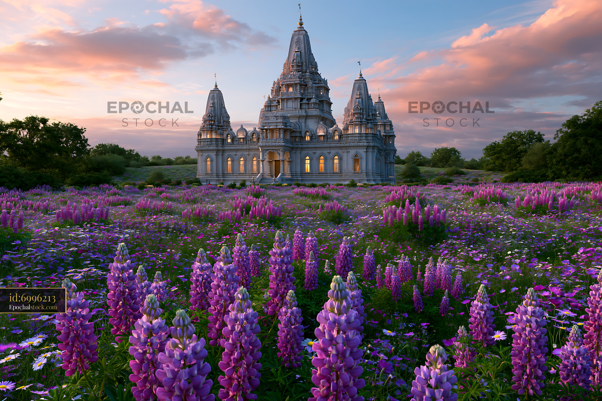 Watermarked full-resolution preview of Grand temple surrounded by blooming flowers at sunset