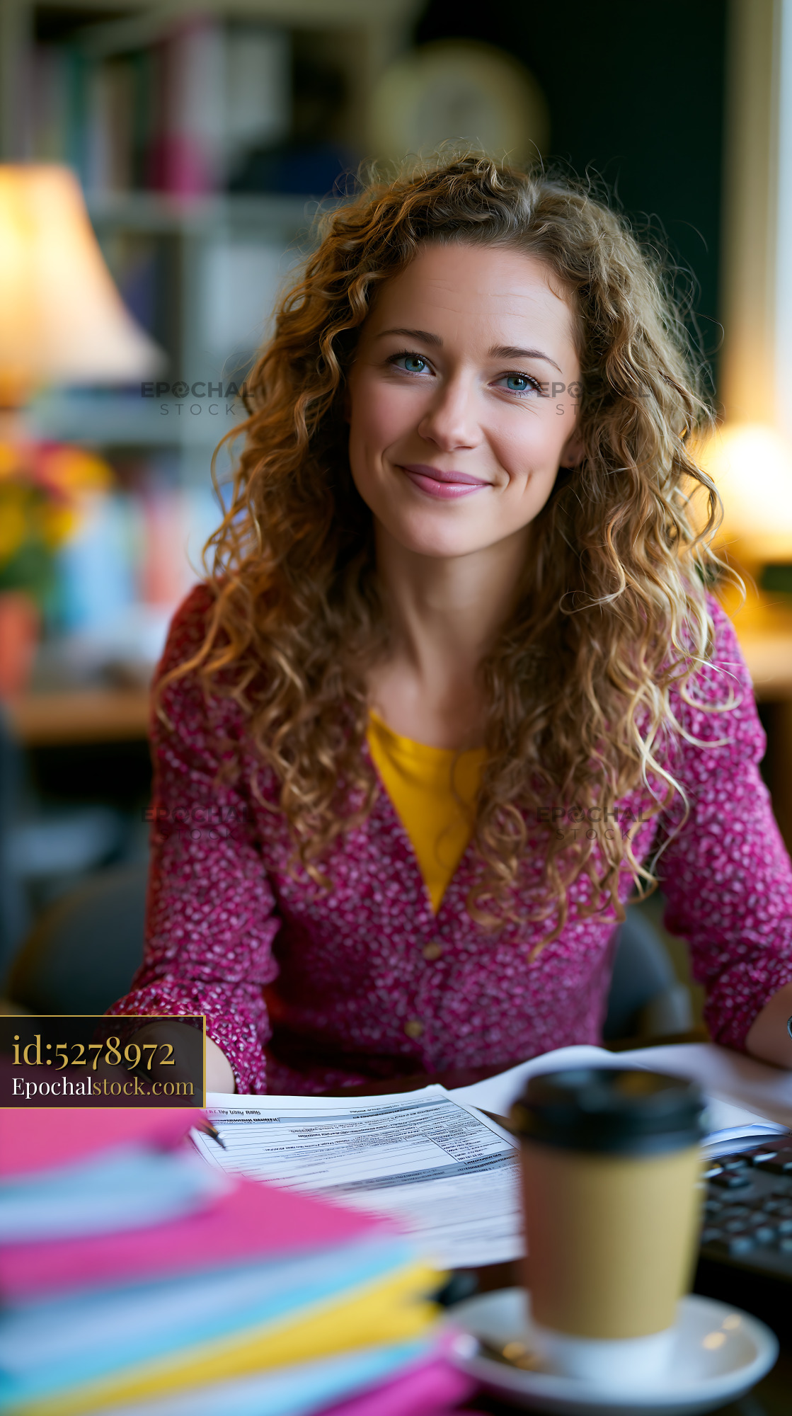 Watermarked full-resolution preview of Woman studying at a table with paperwork and coffee in a cafe