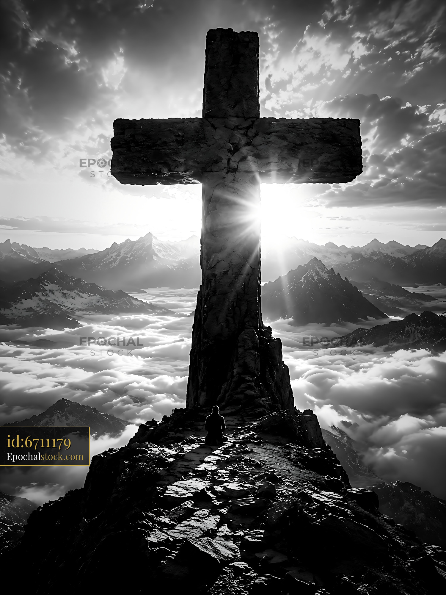 Watermarked full-resolution preview of Sunrise at mountain cross with a person in silhouette