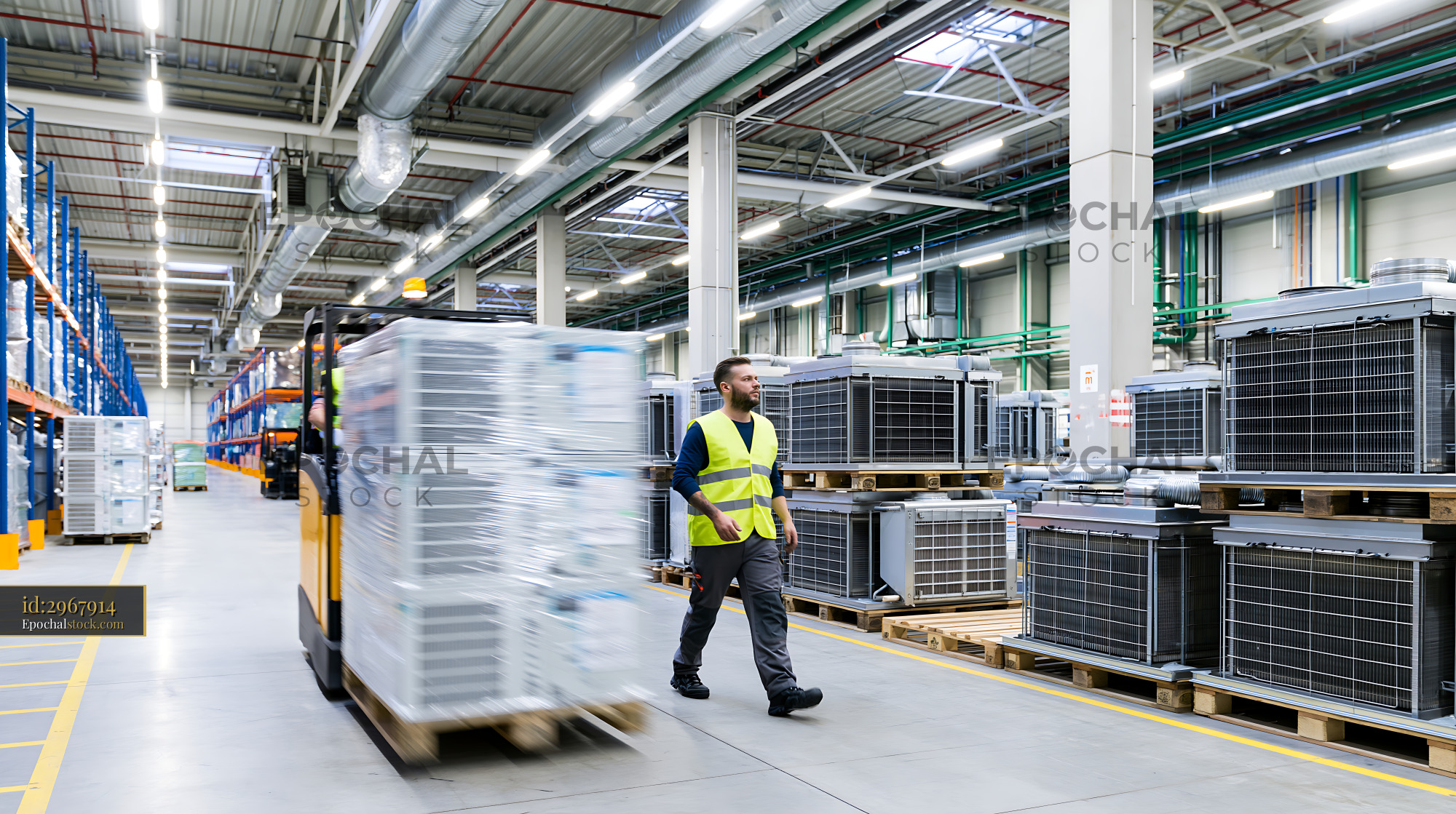 Watermarked full-resolution preview of Warehouse worker transporting equipment on a pallet truck