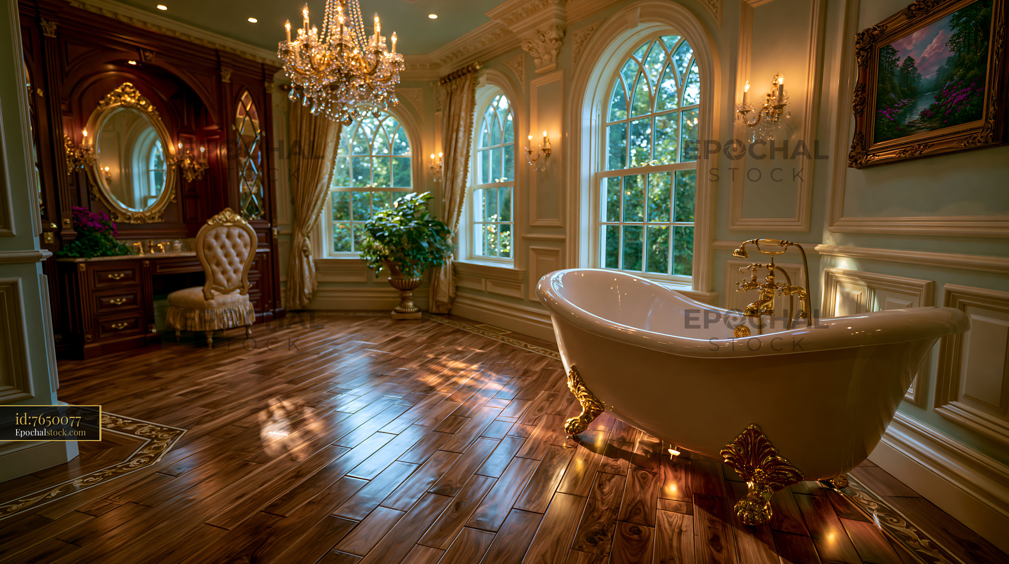 Watermarked full-resolution preview of Elegant bathroom interior with natural light and luxury decor