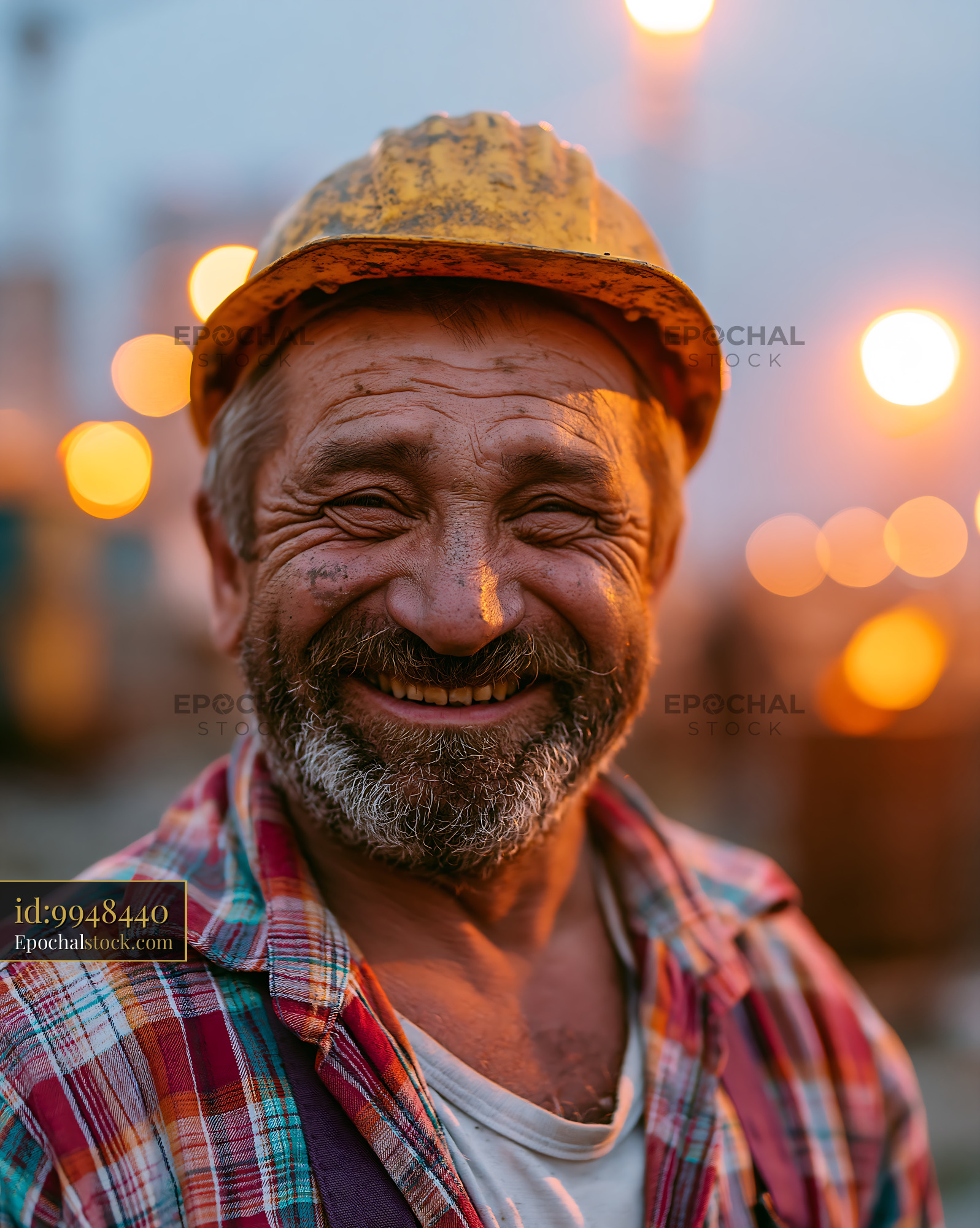Worker Smiles in Hard Hat at Construction Site During Evening - stock photo