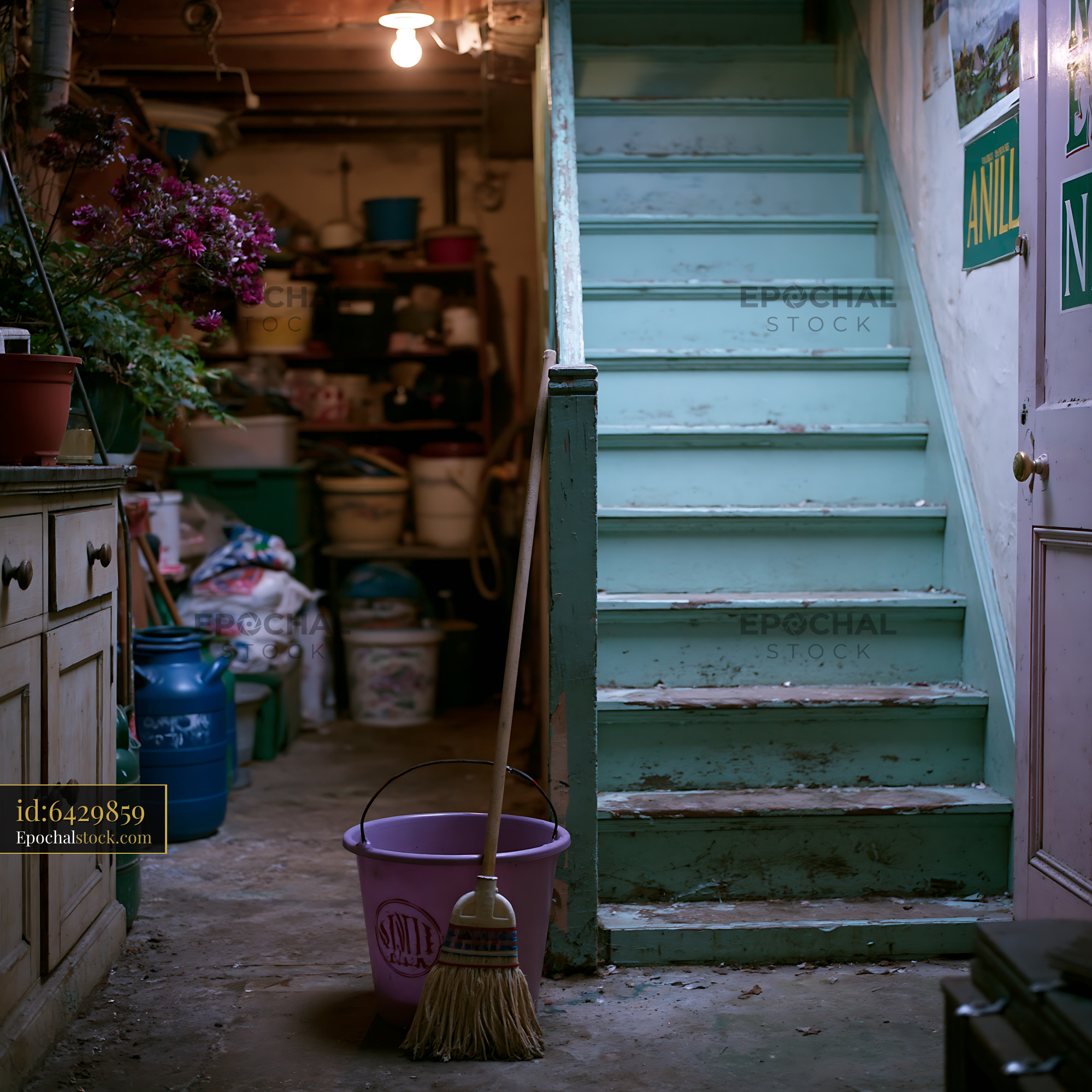 Cluttered Storage Room Under Stairs With Broom and Bucket - stock photo