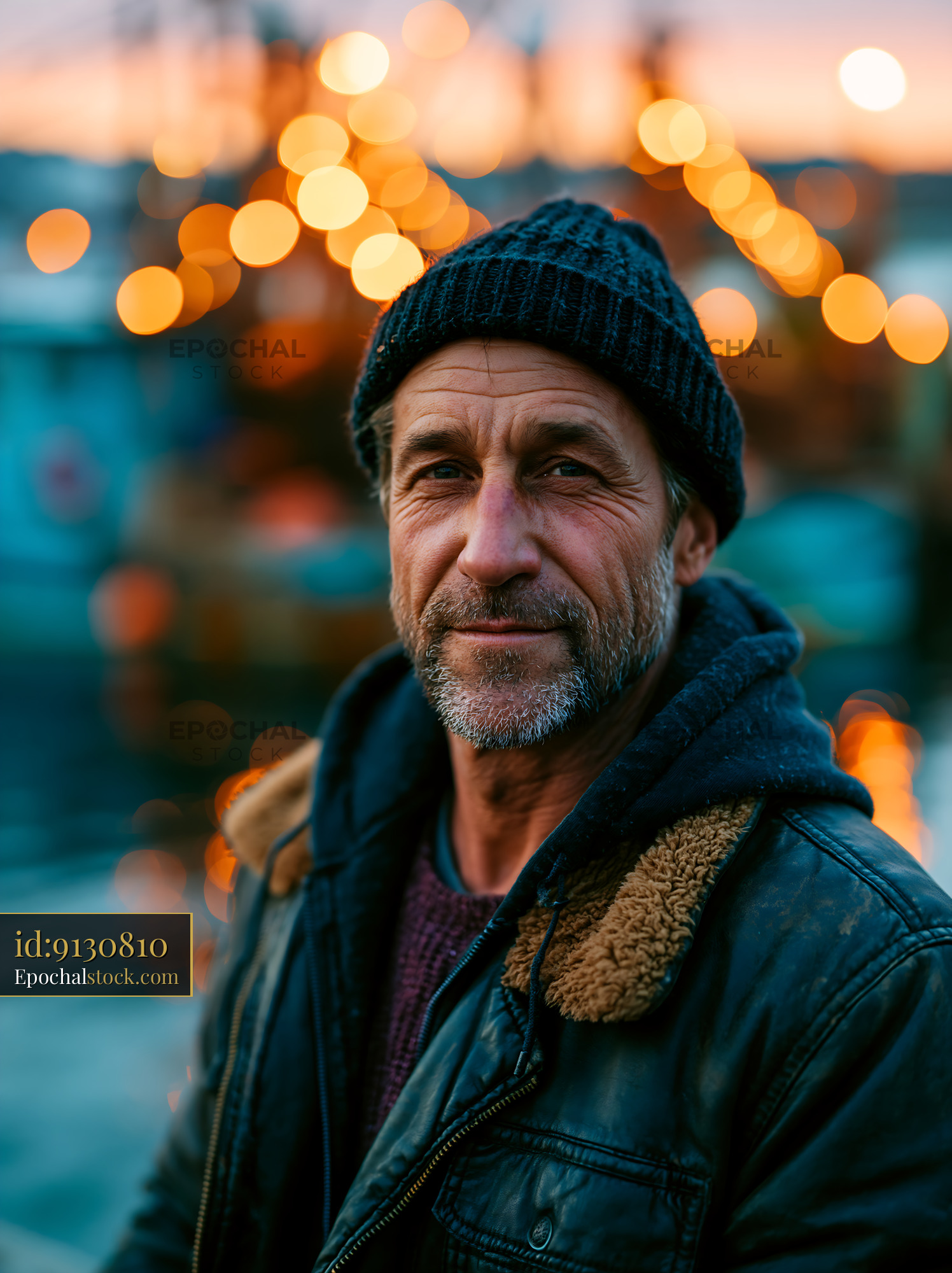 Watermarked full-resolution preview of Man in warm clothing standing near water during twilight