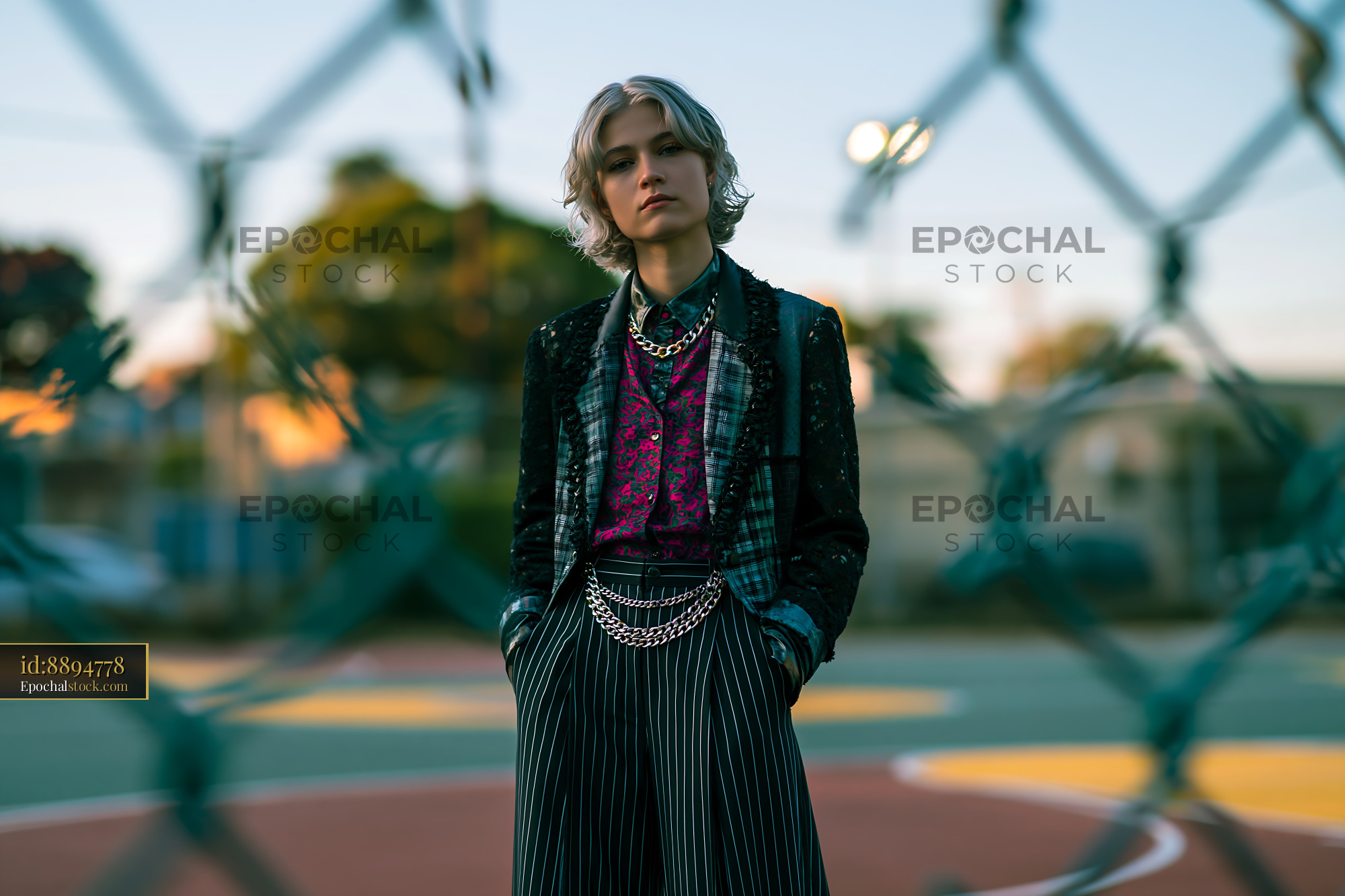 Watermarked full-resolution preview of Model poses on a basketball court in evening light