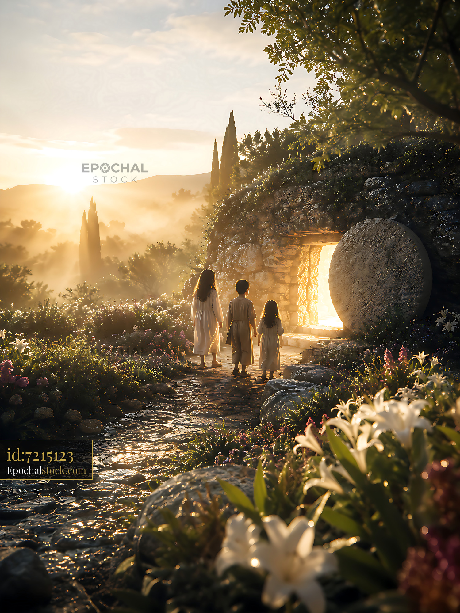 Watermarked full-resolution preview of Children walking towards a glowing door in a garden at sunset