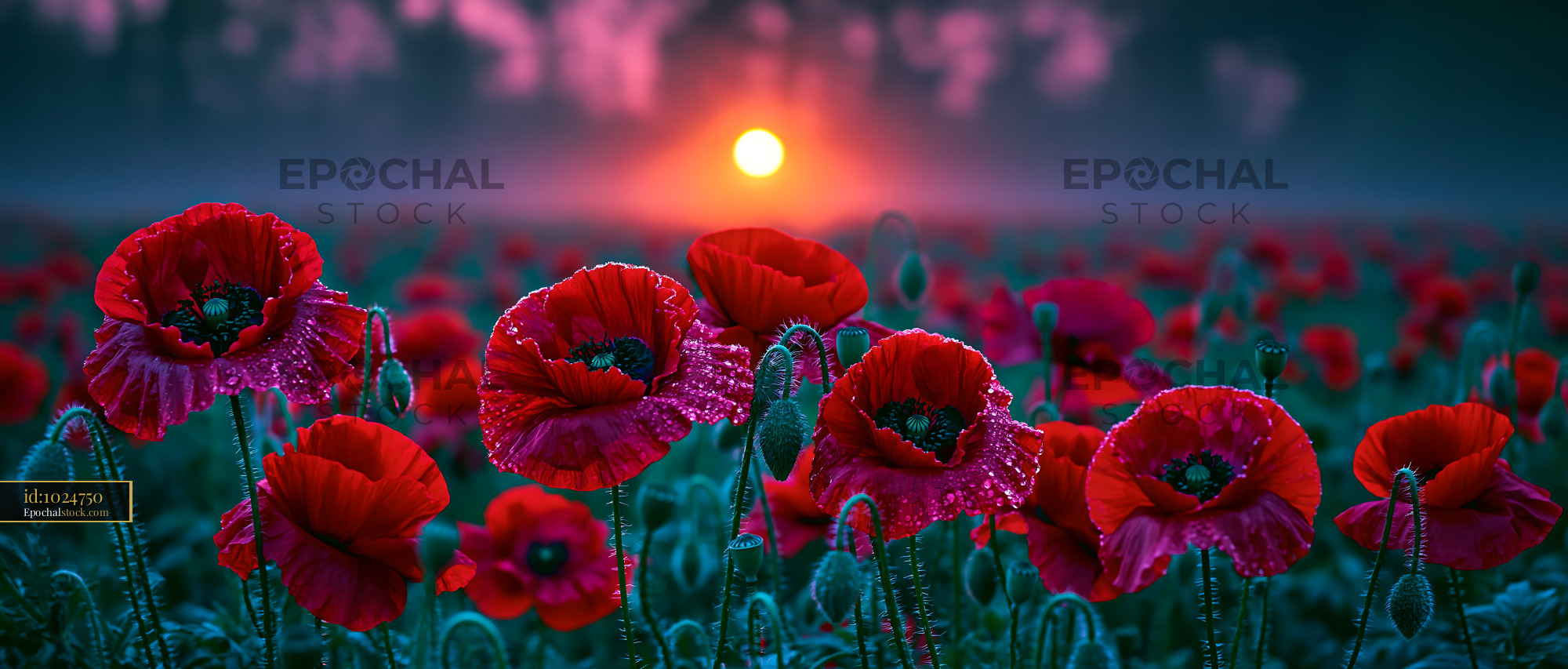 Watermarked full-resolution preview of Sunrise over a field of red poppy flowers