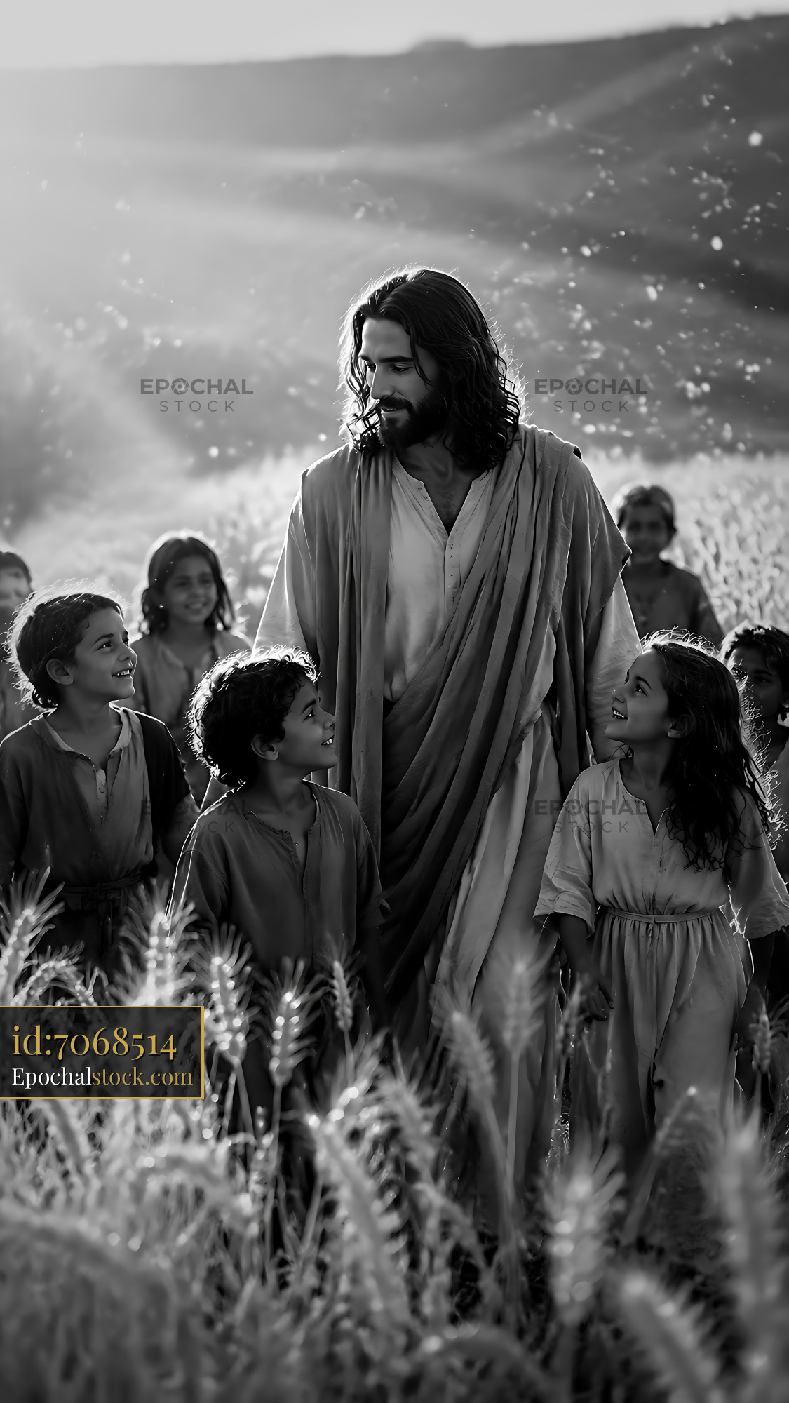 Watermarked full-resolution preview of Jesus with children in a wheat field during daytime