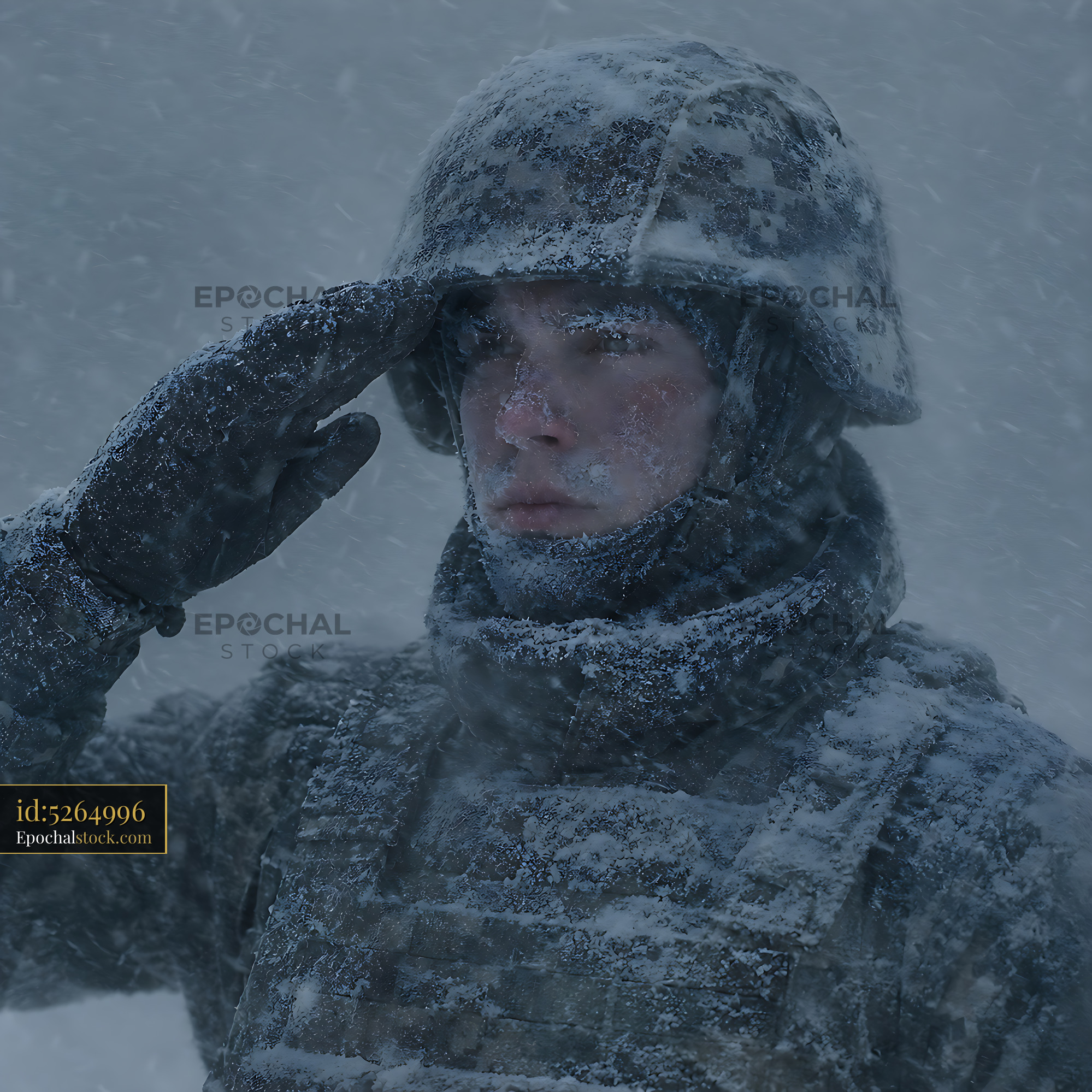 Soldier Saluting in Heavy Snow During a Winter Storm - stock photo