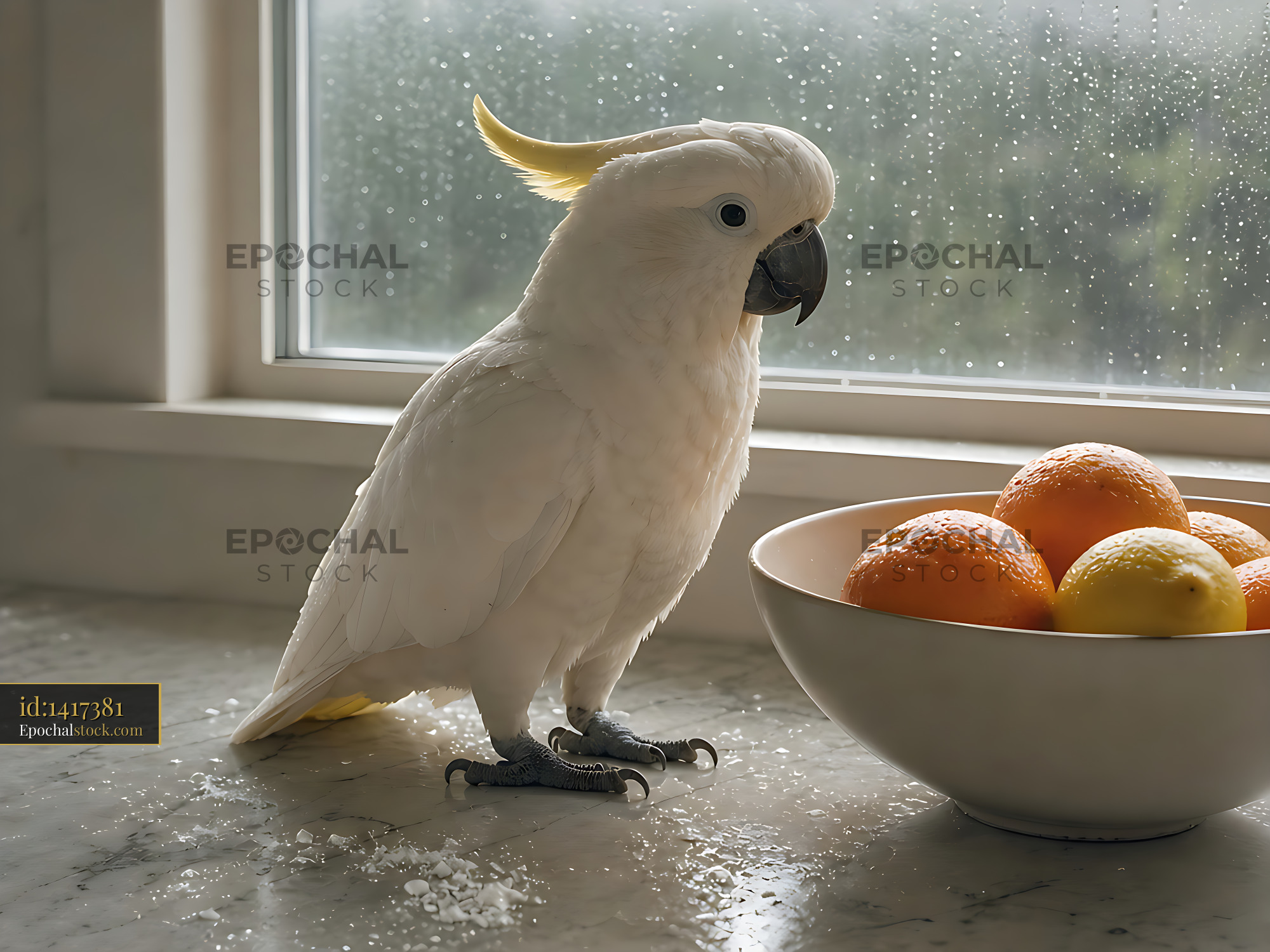 Watermarked full-resolution preview of Cockatoo standing near bowl of oranges in a kitchen
