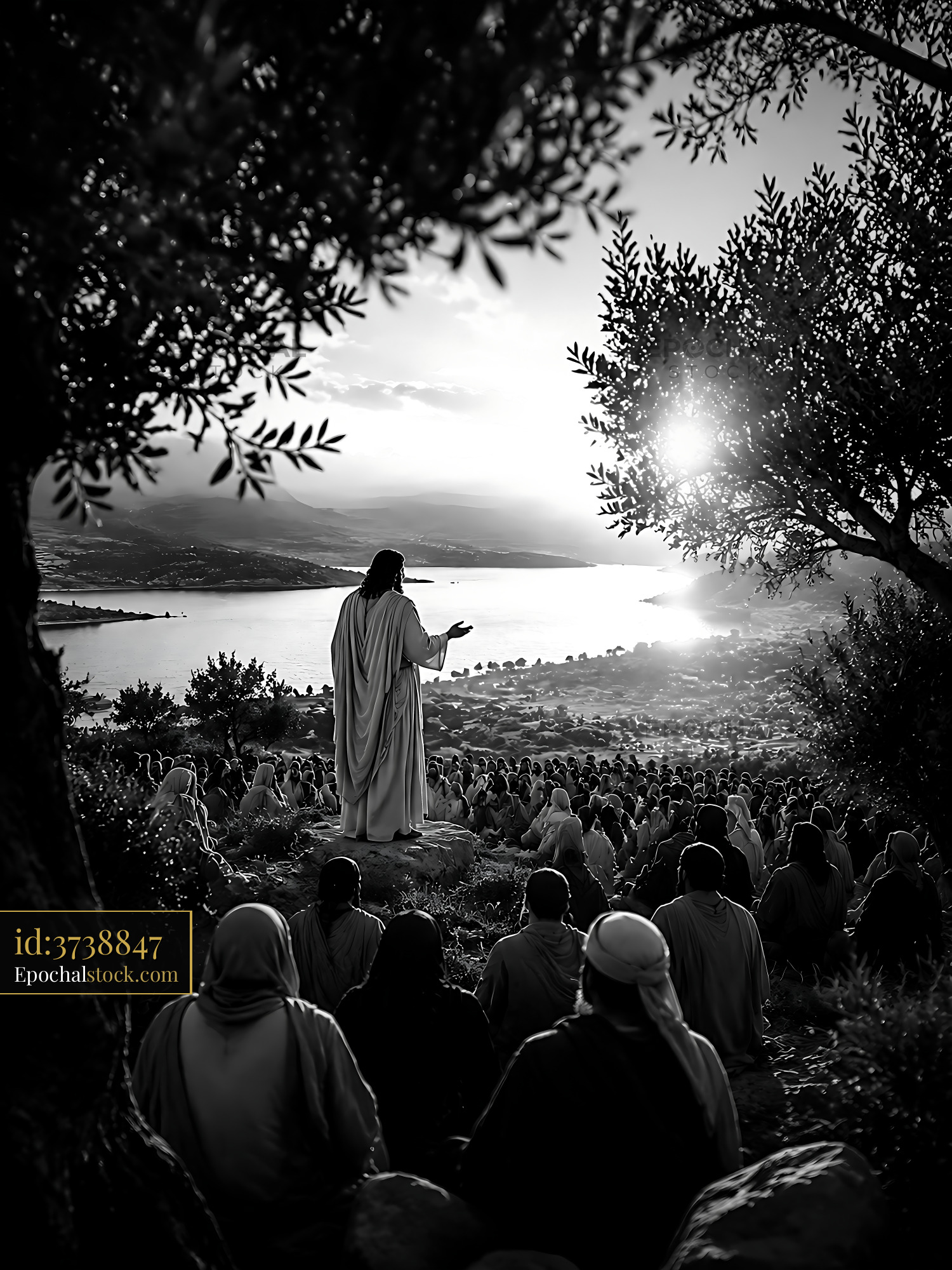 Jesus Teaching a Crowd by the Lake During Sunset With Olive Trees - stock photo
