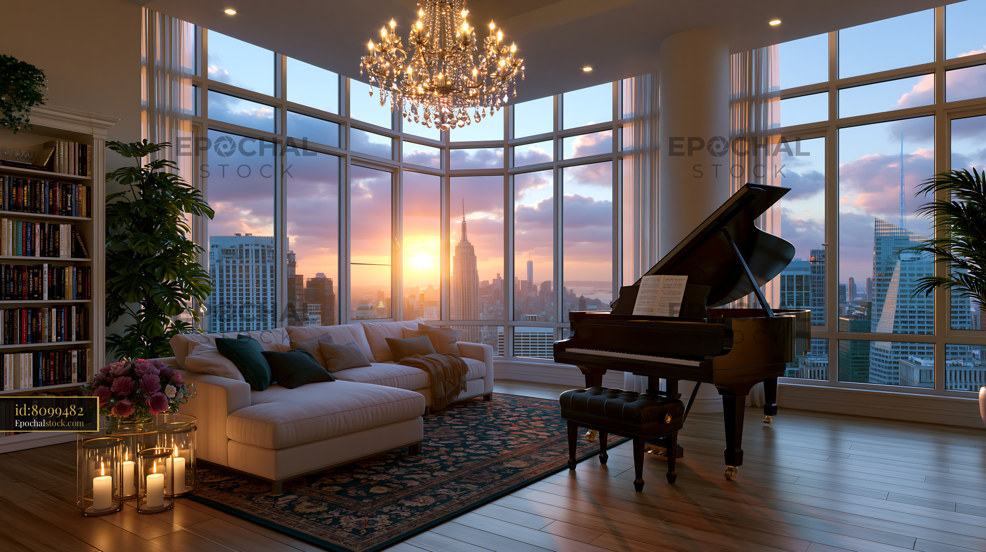 Watermarked full-resolution preview of Piano in a city apartment with sunset view from large windows