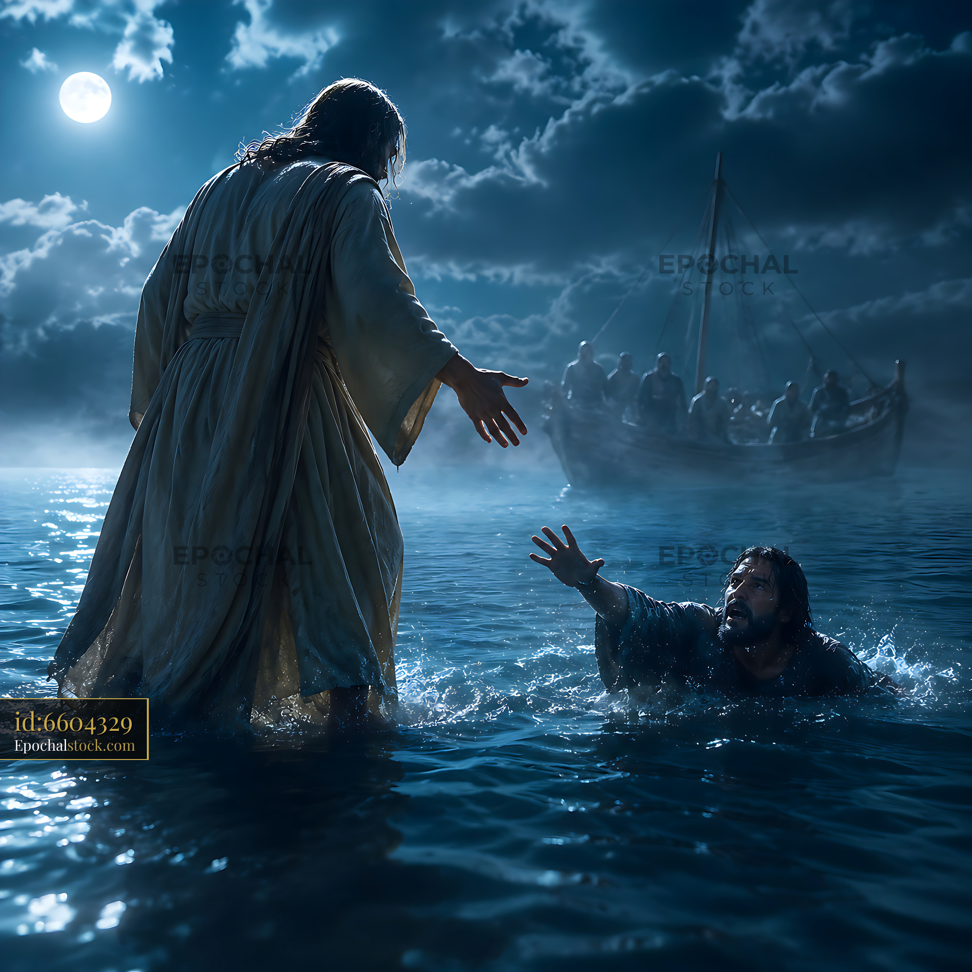 Watermarked full-resolution preview of Person reaching out to figure in water under moonlight