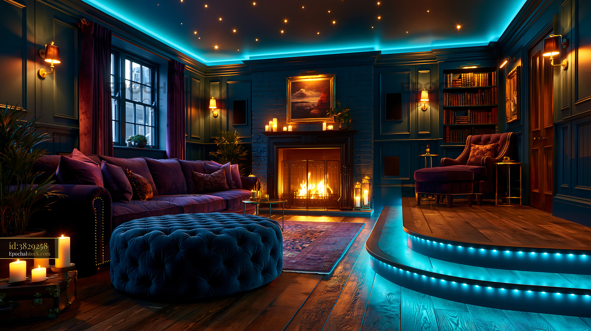 Watermarked full-resolution preview of Cozy living room with blue lighting and a fireplace