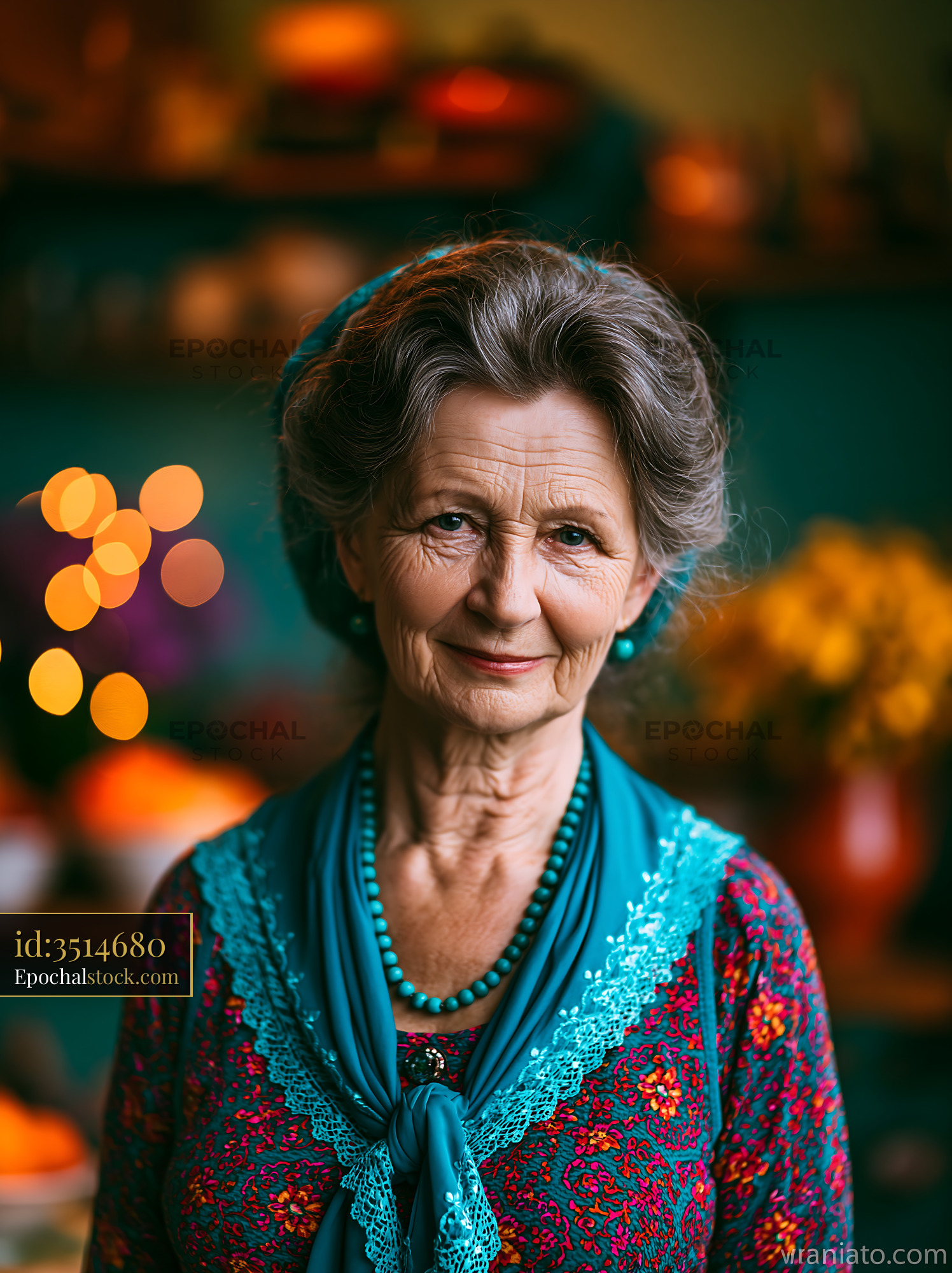 Watermarked full-resolution preview of Elderly woman smiling in a colorful patterned outfit