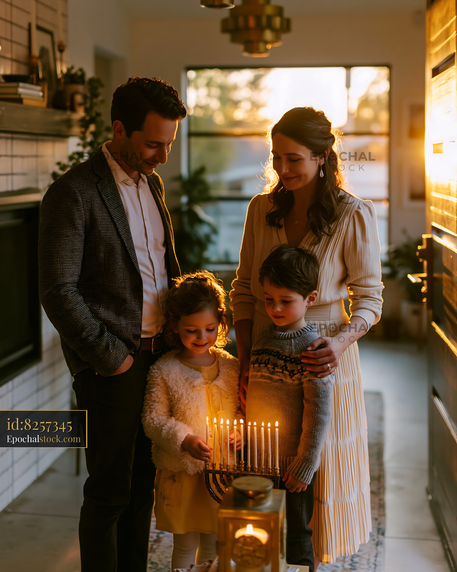 Watermarked full-resolution preview of Family gathers by candlelight in a warm living room
