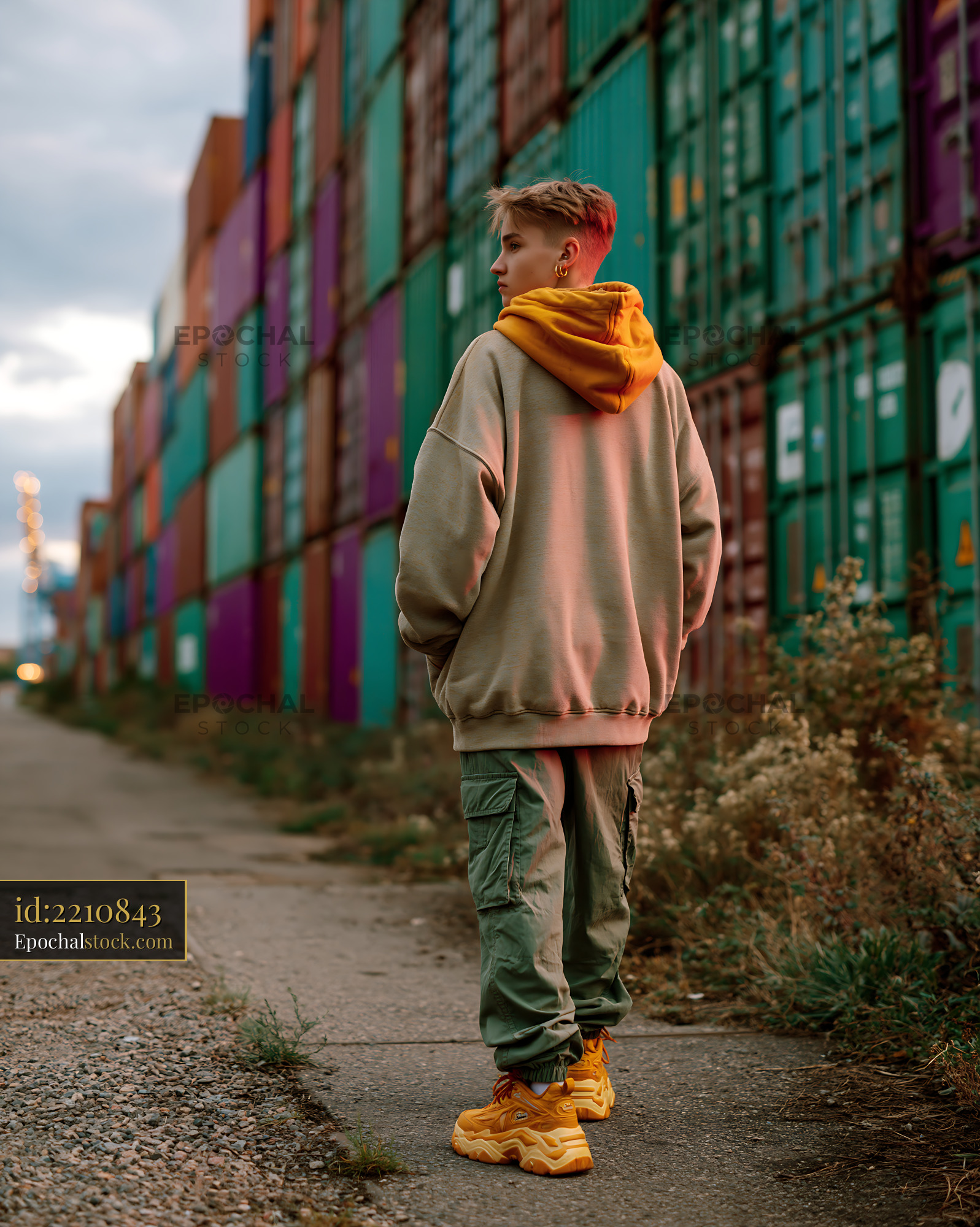 Watermarked full-resolution preview of Person in hoodie beside colorful containers