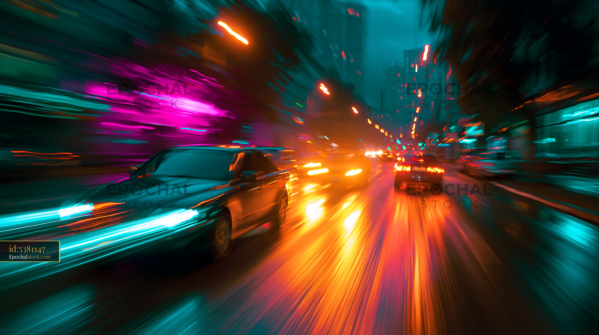 Watermarked full-resolution preview of City traffic at night with colorful lights and moving cars