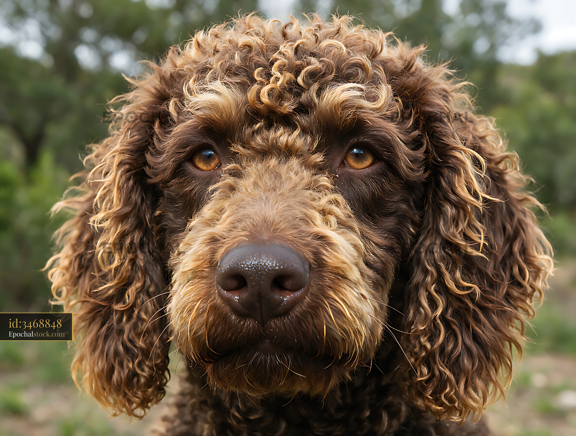 Watermarked full-resolution preview of Brown curly-coated dog looking at camera