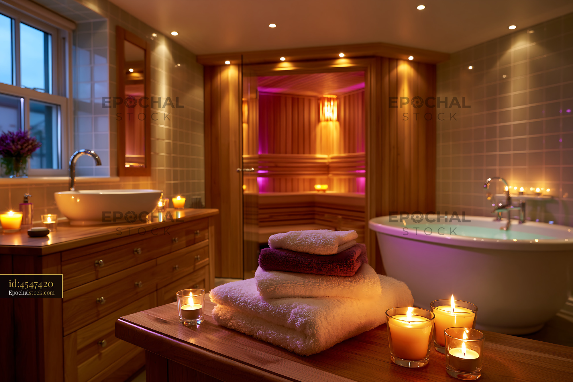 Watermarked full-resolution preview of Relaxing spa interior with candles and towels in serene atmosphere